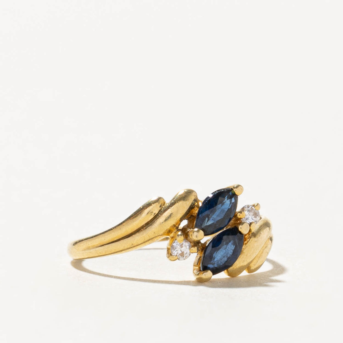 18k Two Stone Sapphire & Diamond Accented Grooved Bypass Ring | SZ 2.2