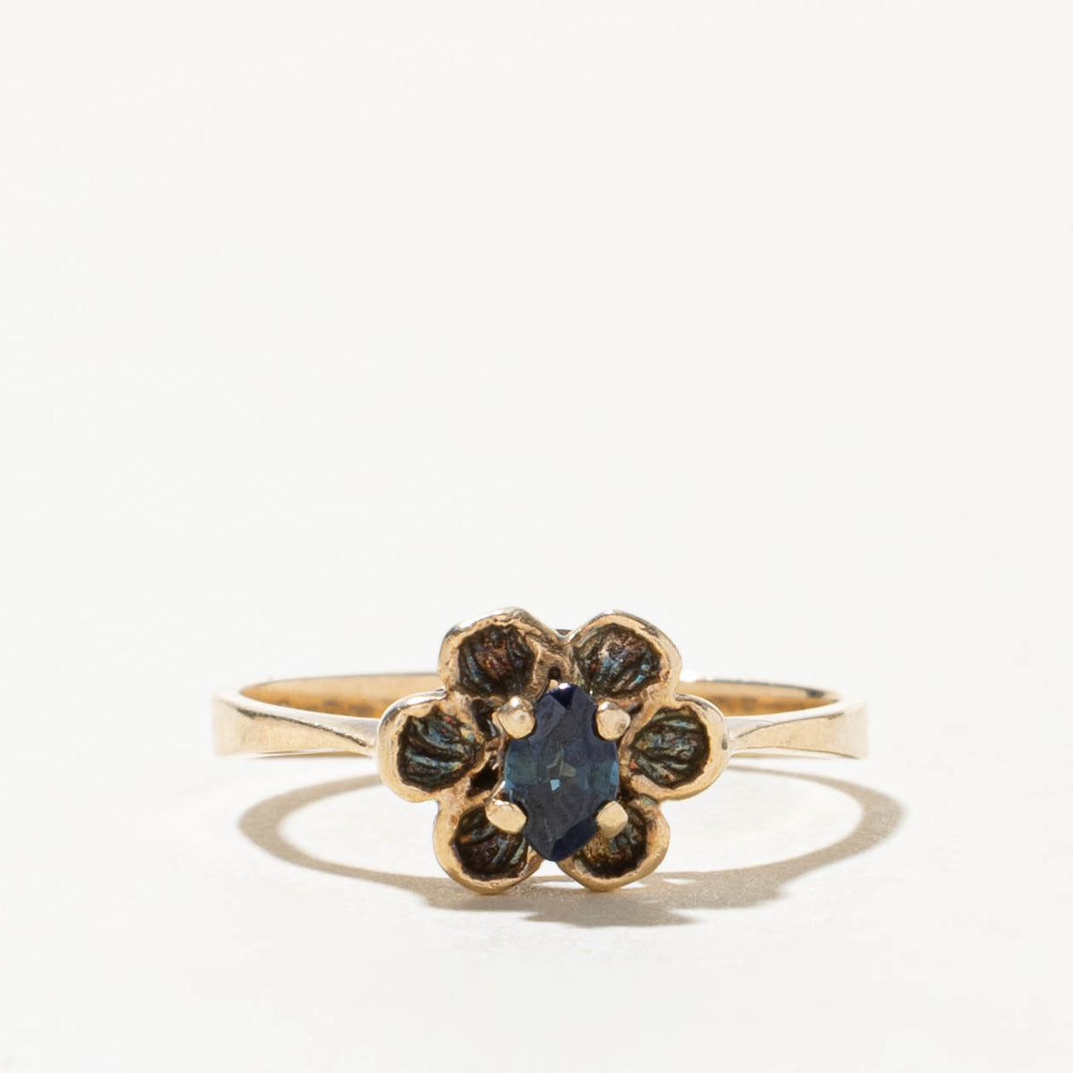 10k Marquise Cut Sapphire Textured Flower Ring | SZ 4.75