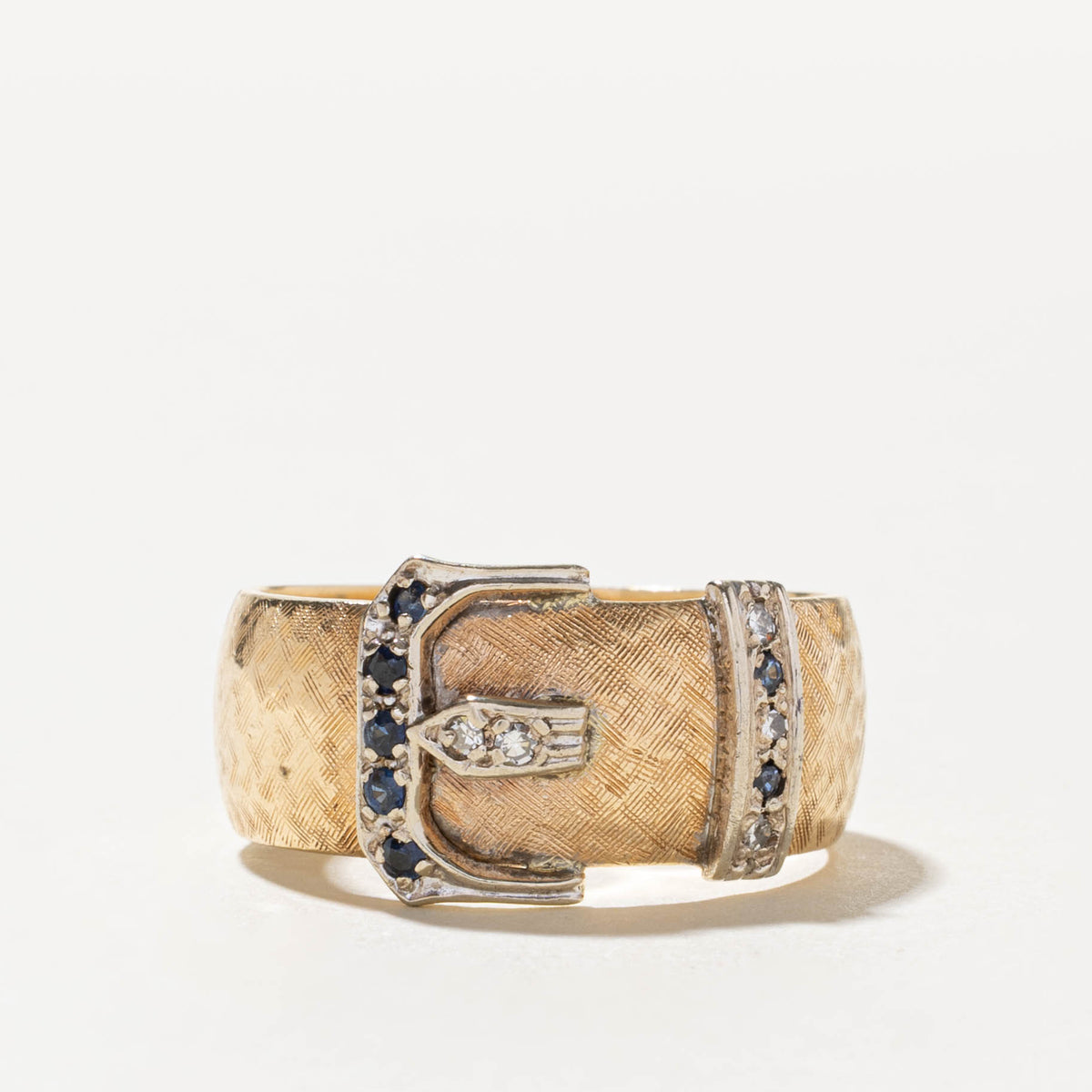 14k Diamond & Sapphire Accented Textured Buckle Ring | SZ 10.5