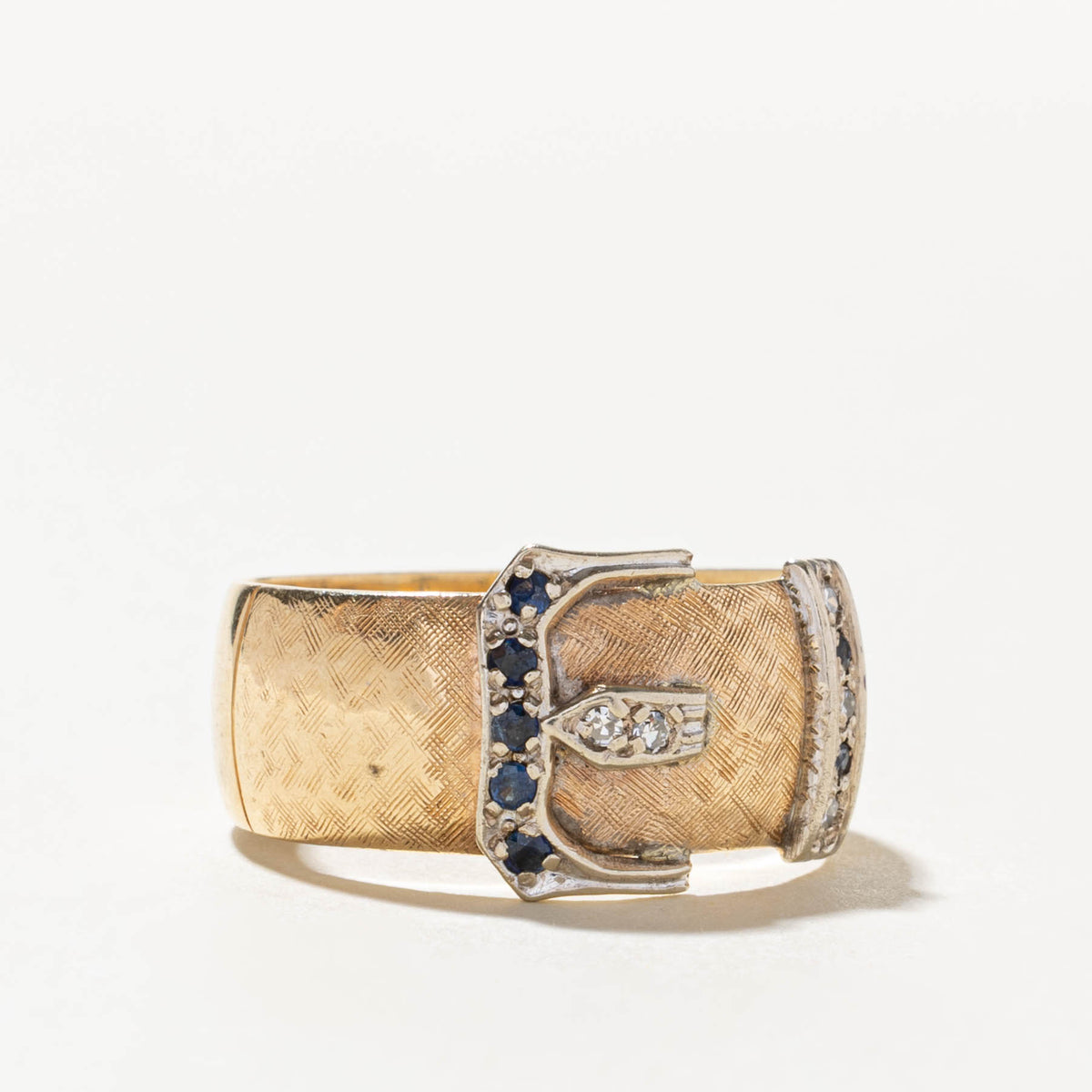 14k Diamond & Sapphire Accented Textured Buckle Ring | SZ 10.5