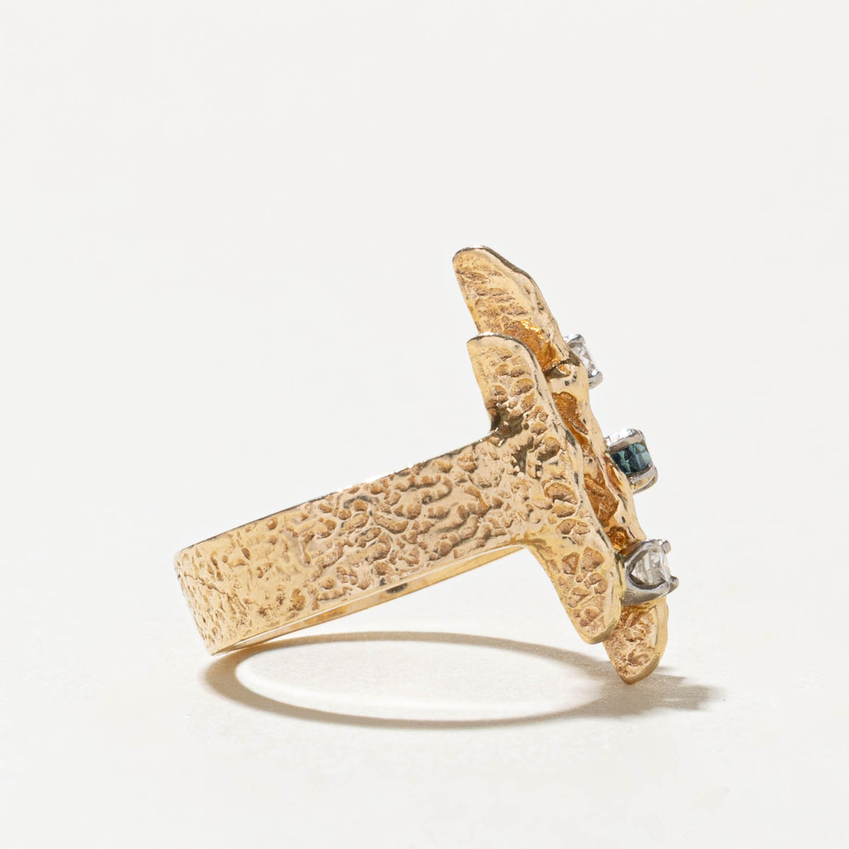 14k Three Stone Diamond & Sapphire Textured Abstract Ring | SZ 4.5