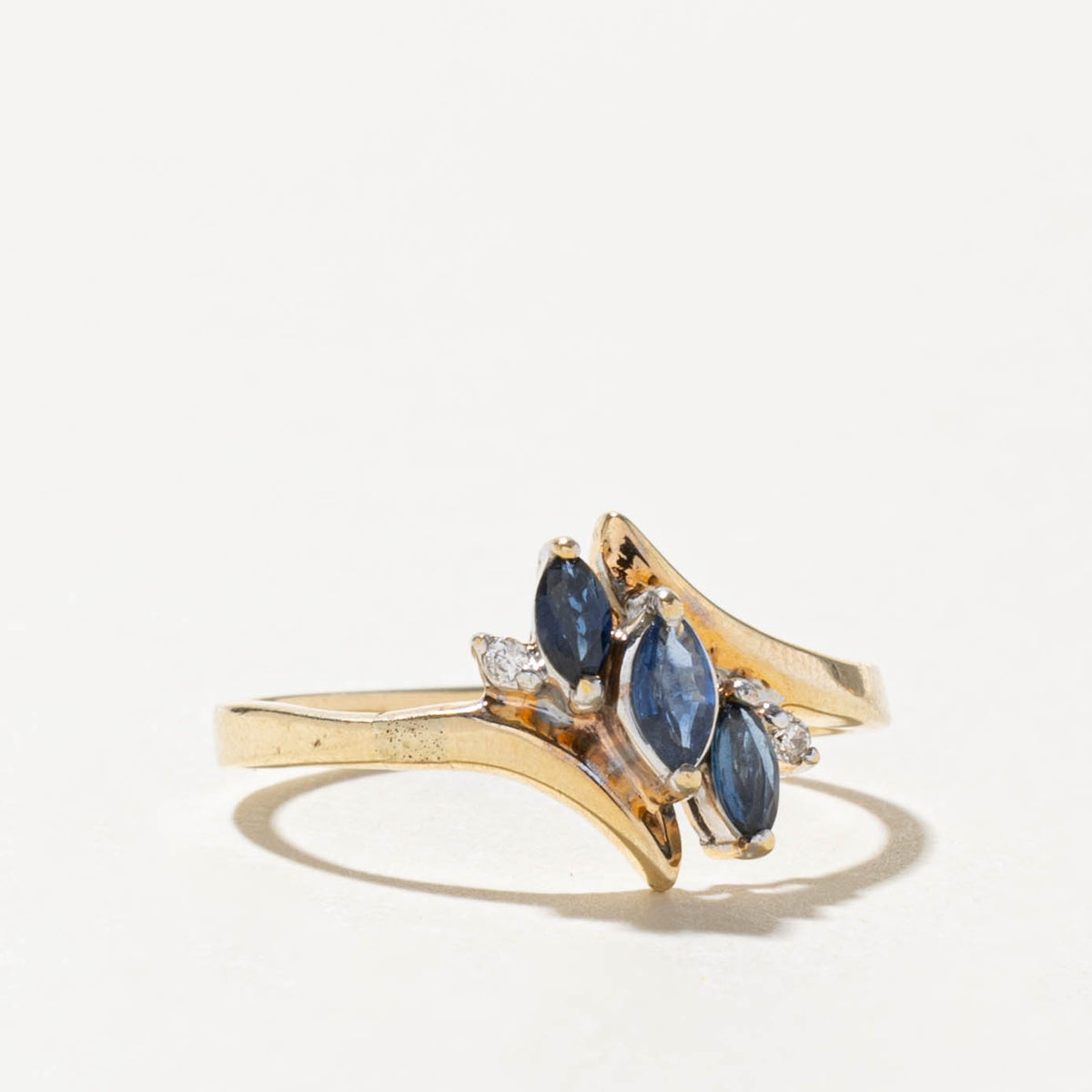 10k Three Stone Marquise Cut Sapphire & Diamond Bypass Ring | SZ 7.25