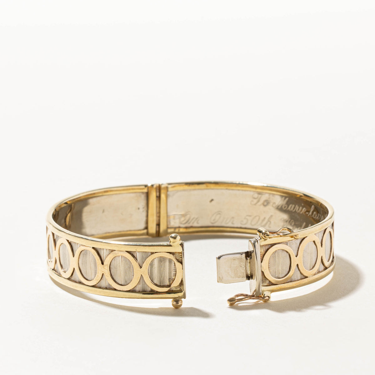 14k Yellow & White Gold Grooved Geometric Bangle | 6"