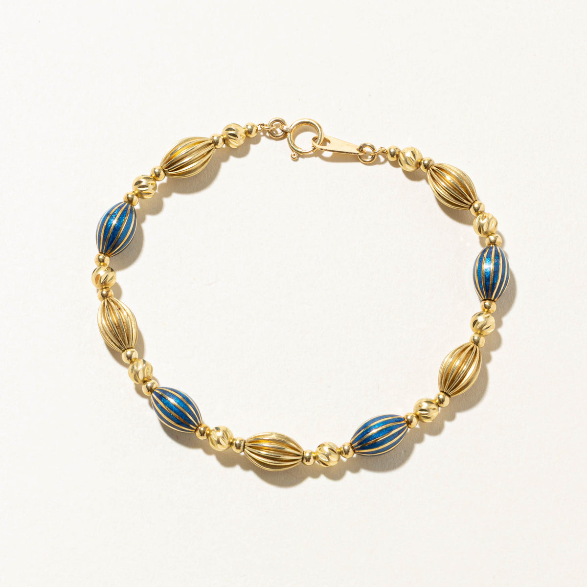 18k Yellow Gold Enamel & Grooved Bead Chain Bracelet | 7.25"