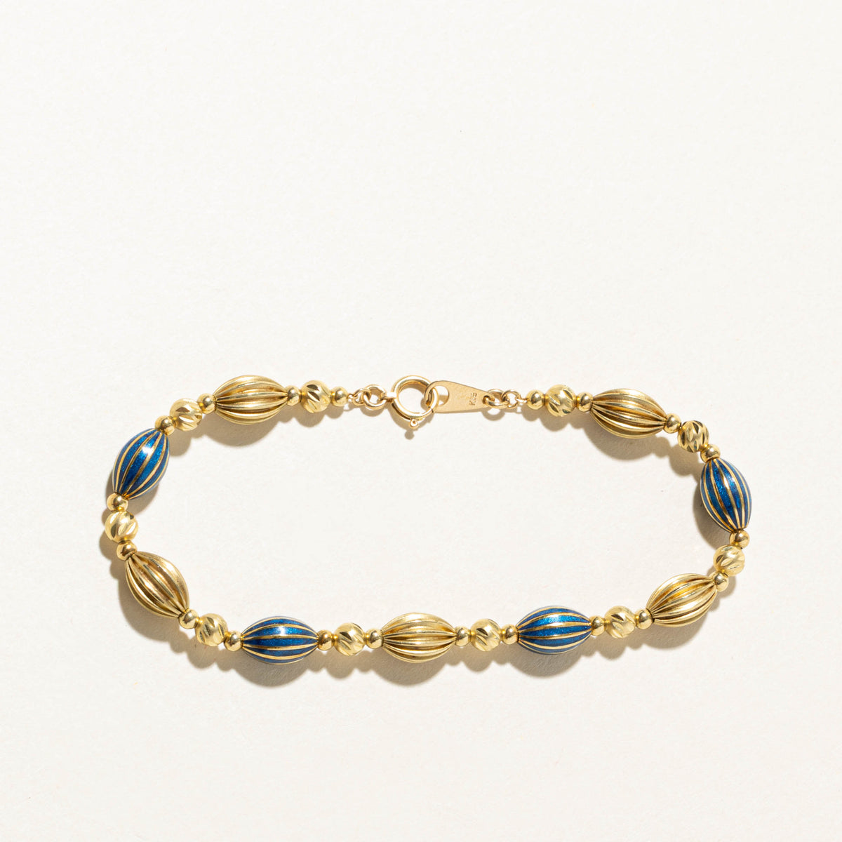 18k Yellow Gold Enamel & Grooved Bead Chain Bracelet | 7.25"