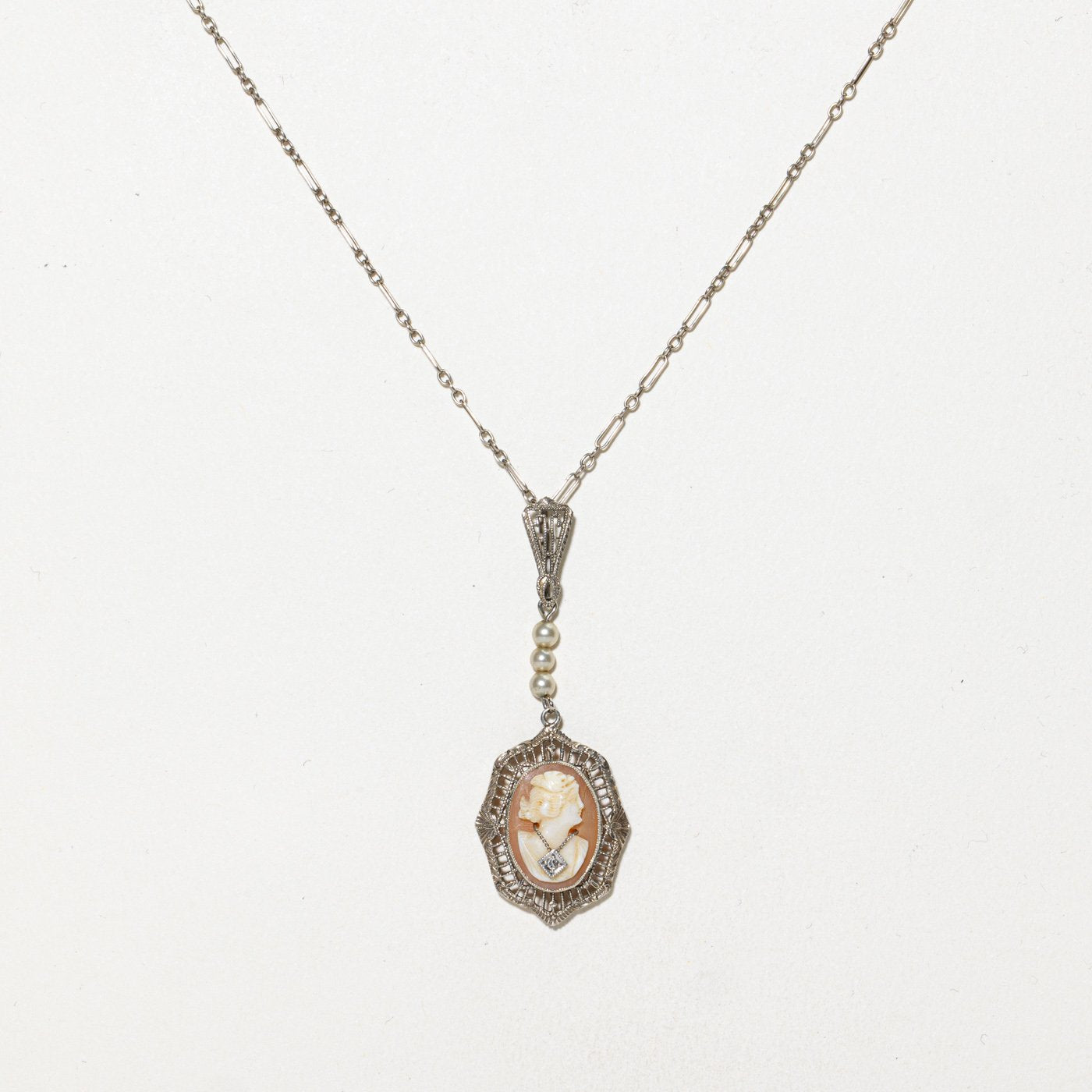 14K Necklace with Diamond Accents with Shell Cameo
