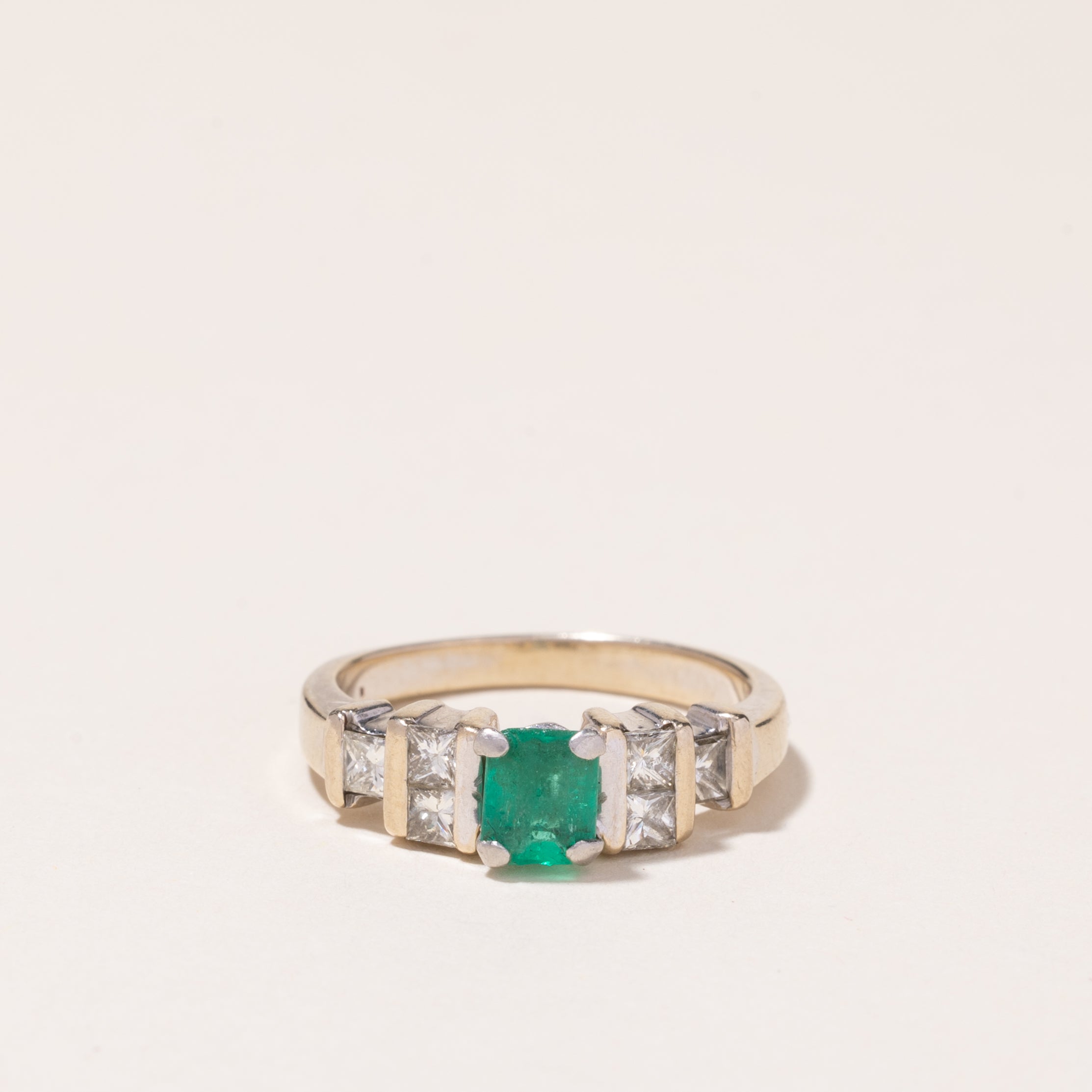 Platinum & 18k White Gold Emerald and Diamond Ring | 0.55ct, 0.54ctw | SZ 7.5