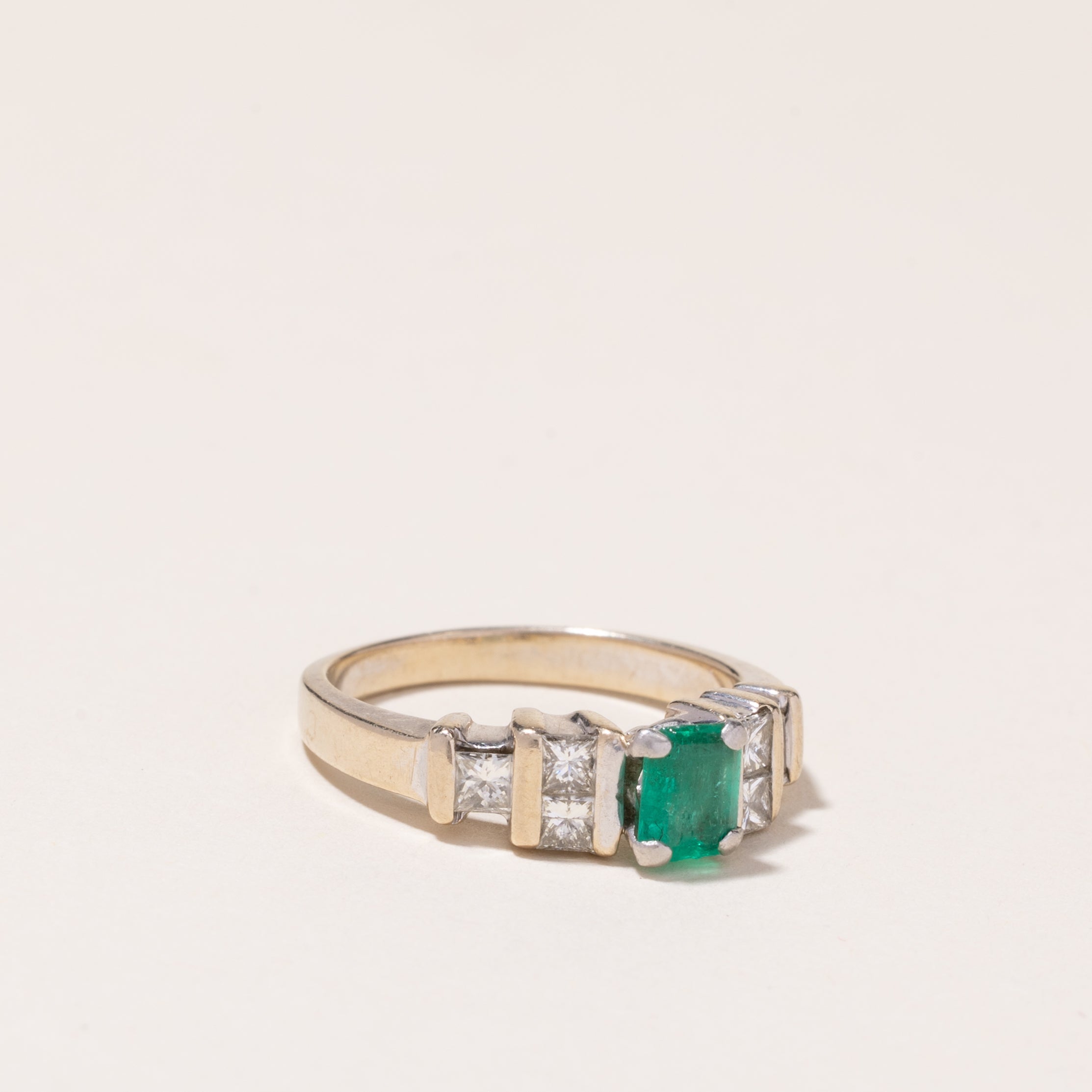 Platinum & 18k White Gold Emerald and Diamond Ring | 0.55ct, 0.54ctw | SZ 7.5