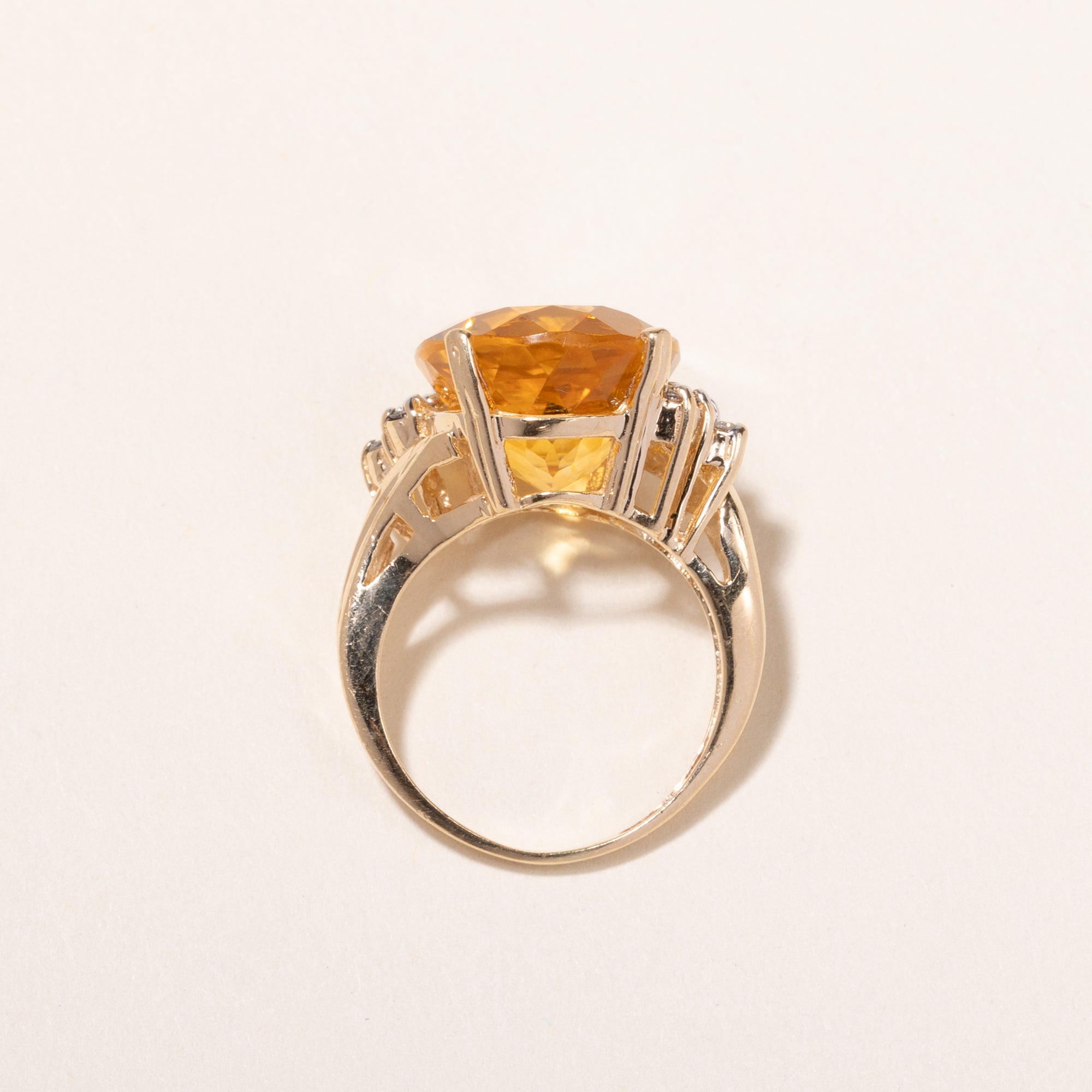 14k Yellow Gold Citrine and Diamond Cocktail Ring | 10.74ct, 0.15ctw | SZ 5.75