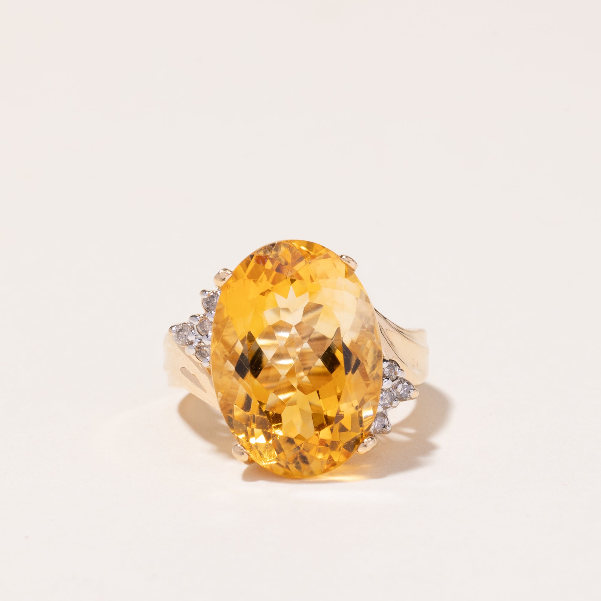 14k Yellow Gold Citrine and Diamond Cocktail Ring | 10.74ct, 0.15ctw | SZ 5.75