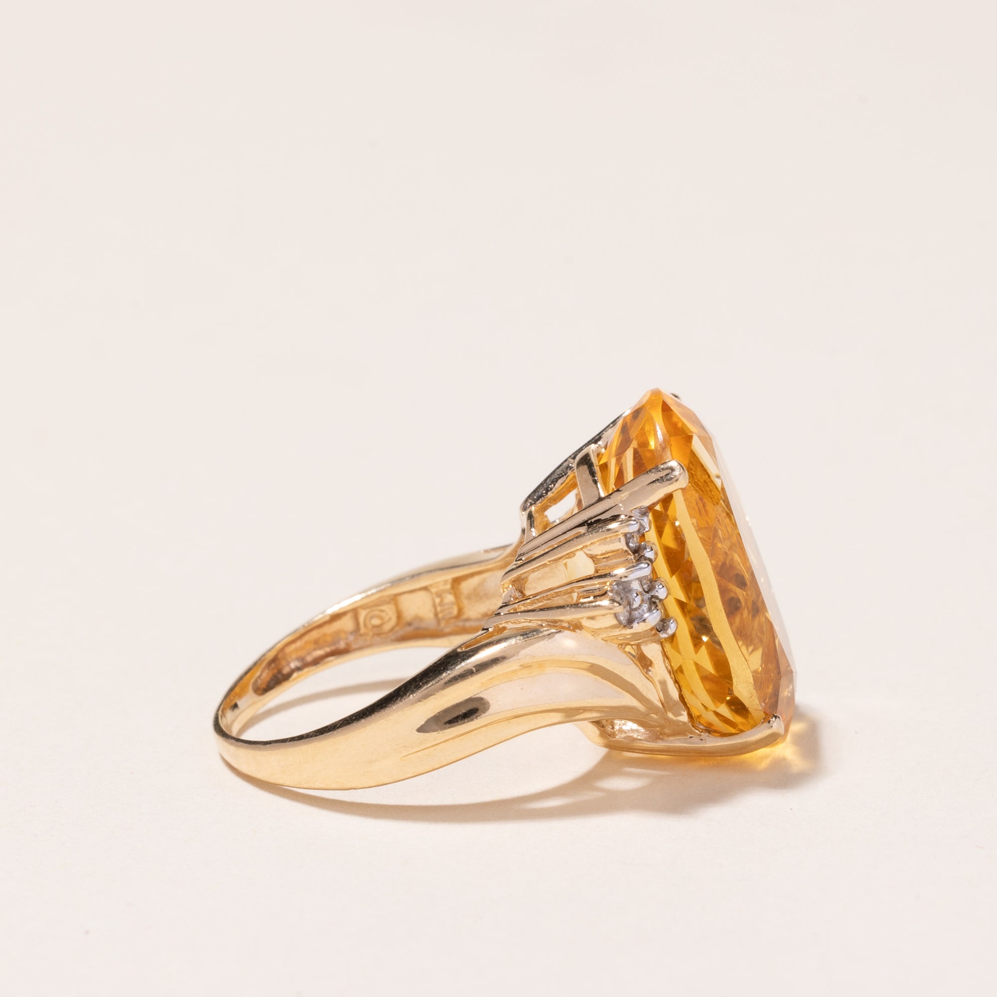 14k Yellow Gold Citrine and Diamond Cocktail Ring | 10.74ct, 0.15ctw | SZ 5.75