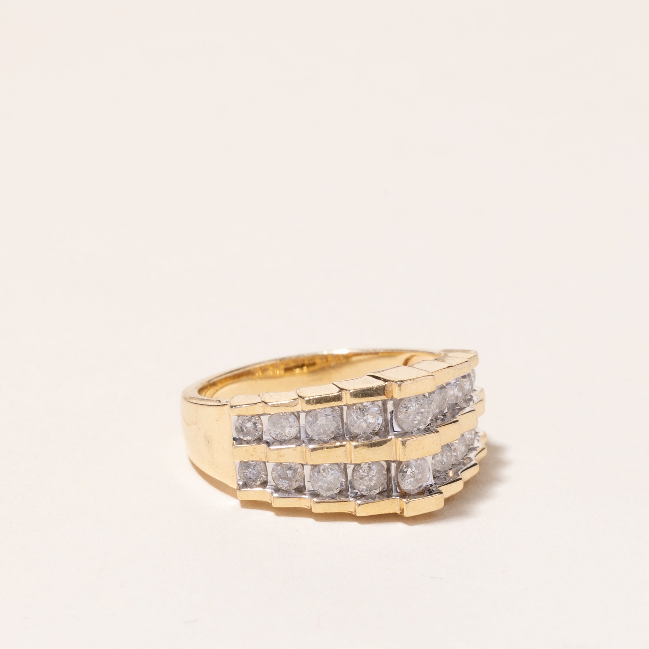 10k Yellow Gold Hand Assembled Double Row Diamond Ring | 0.95ctw | SZ 7