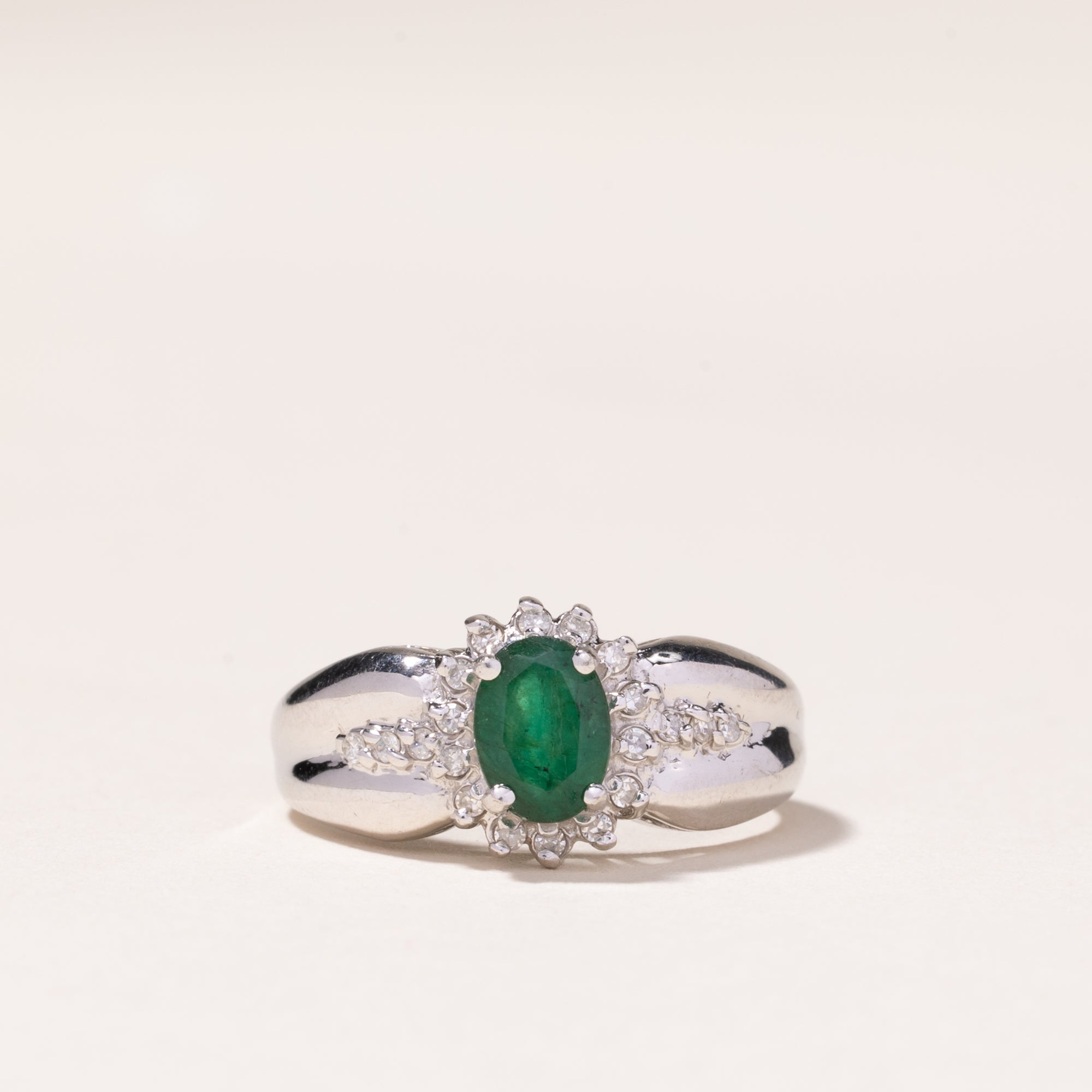 10k White Gold Emerald & Diamond Ring | 0.67ct, 0.16ctw | SZ 6.75