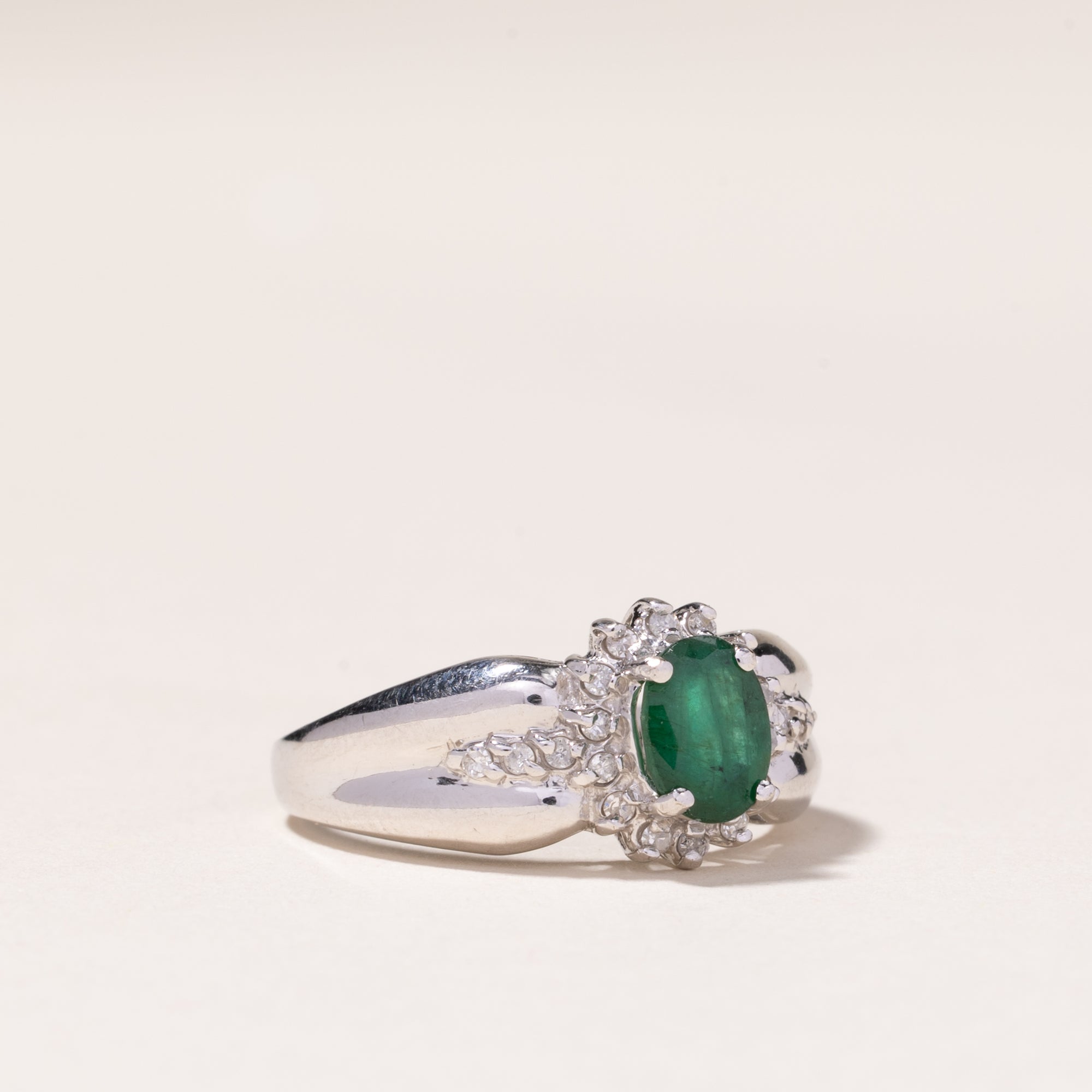 10k White Gold Emerald & Diamond Ring | 0.67ct, 0.16ctw | SZ 6.75