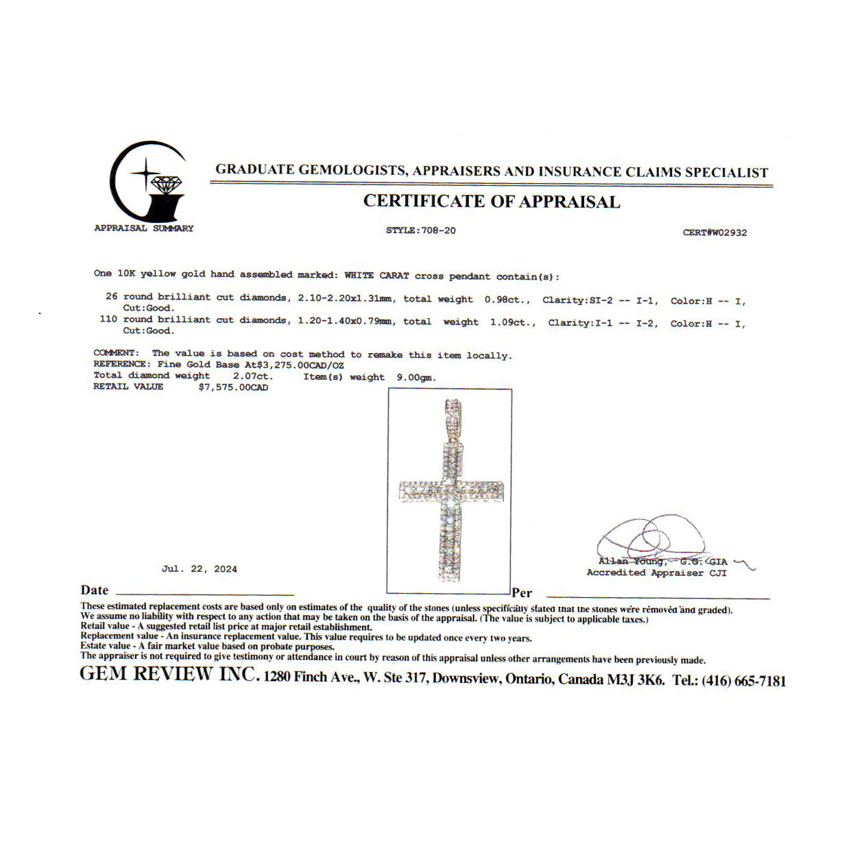 10k Yellow Gold Large Diamond Cross Pendant | 2.07ctw | 5.8x3cm