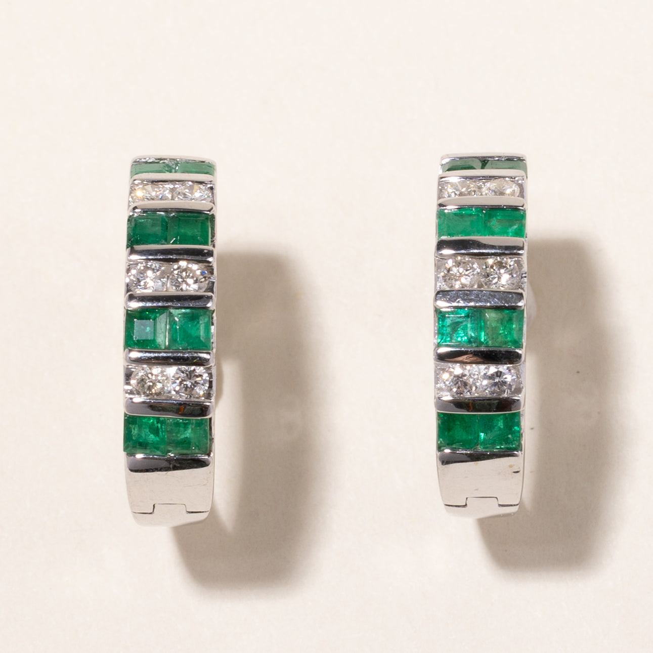 14k White Gold Emerald and Diamond Huggie Earrings | 1.07ctw, 0.43ctw | 2x2cm