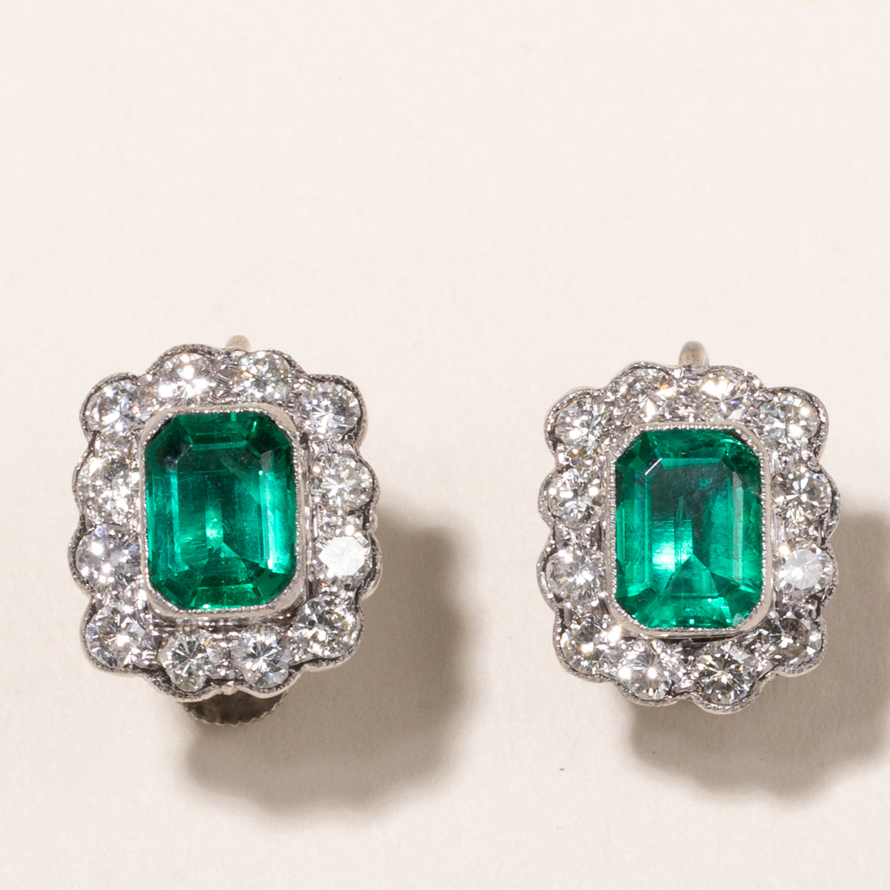 Platinum Synthetic Emerald and Diamond Earrings | 3.28ctw, 1.33ctw | 1.2x1.3cm