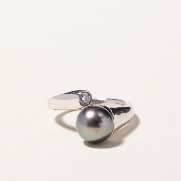 14k White Gold Black Pearl and Diamond Ring | 9.20mm, 0.15ct | SZ 6.25