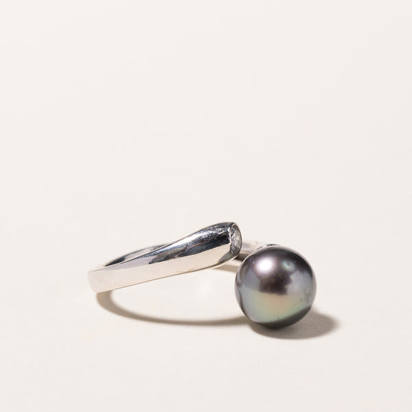 14k White Gold Black Pearl and Diamond Ring | 9.20mm, 0.15ct | SZ 6.25