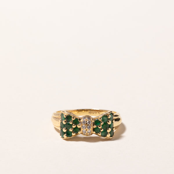 'Birks' Vintage 18k Yellow Gold Emerald & Diamond Bow Design Ring | 0.48ctw, 0.10ctw | SZ 6.25