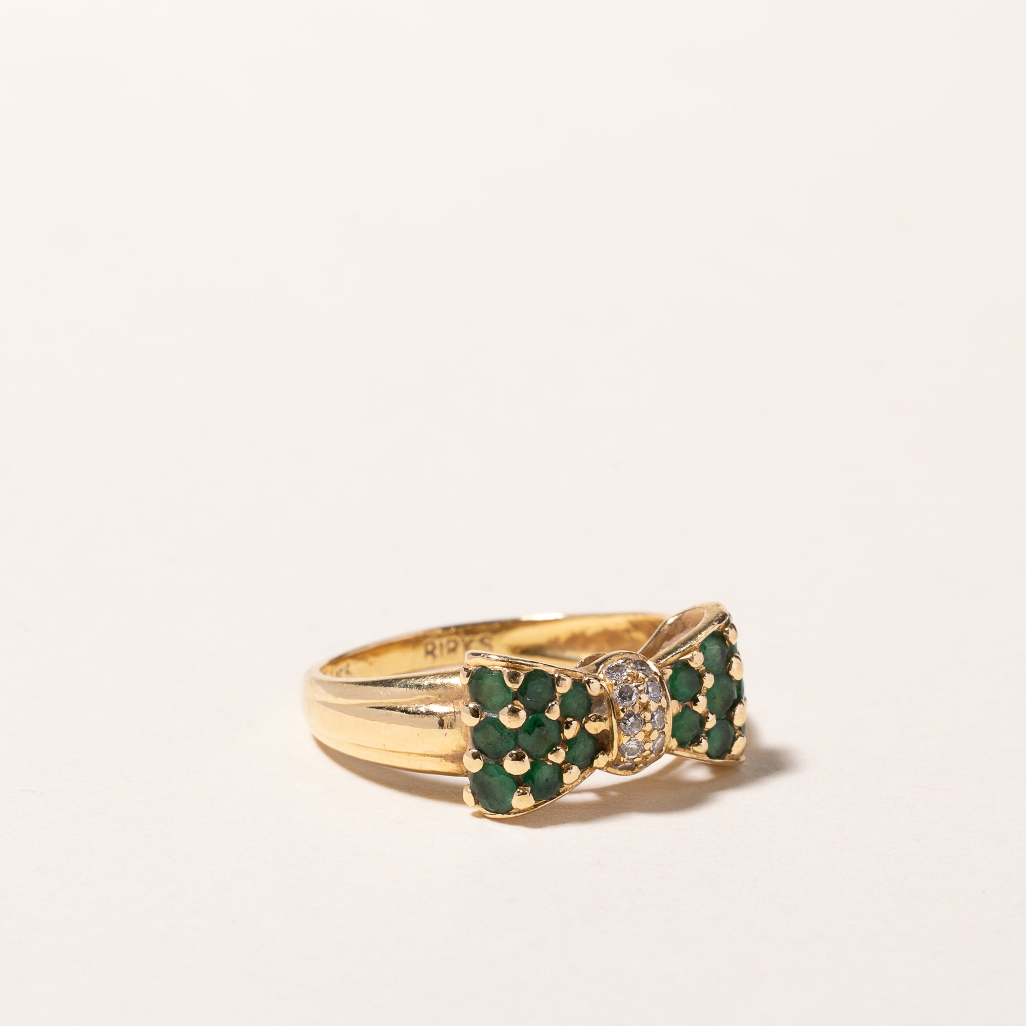 'Birks' Vintage 18k Yellow Gold Emerald & Diamond Bow Design Ring | 0.48ctw, 0.10ctw | SZ 6.25