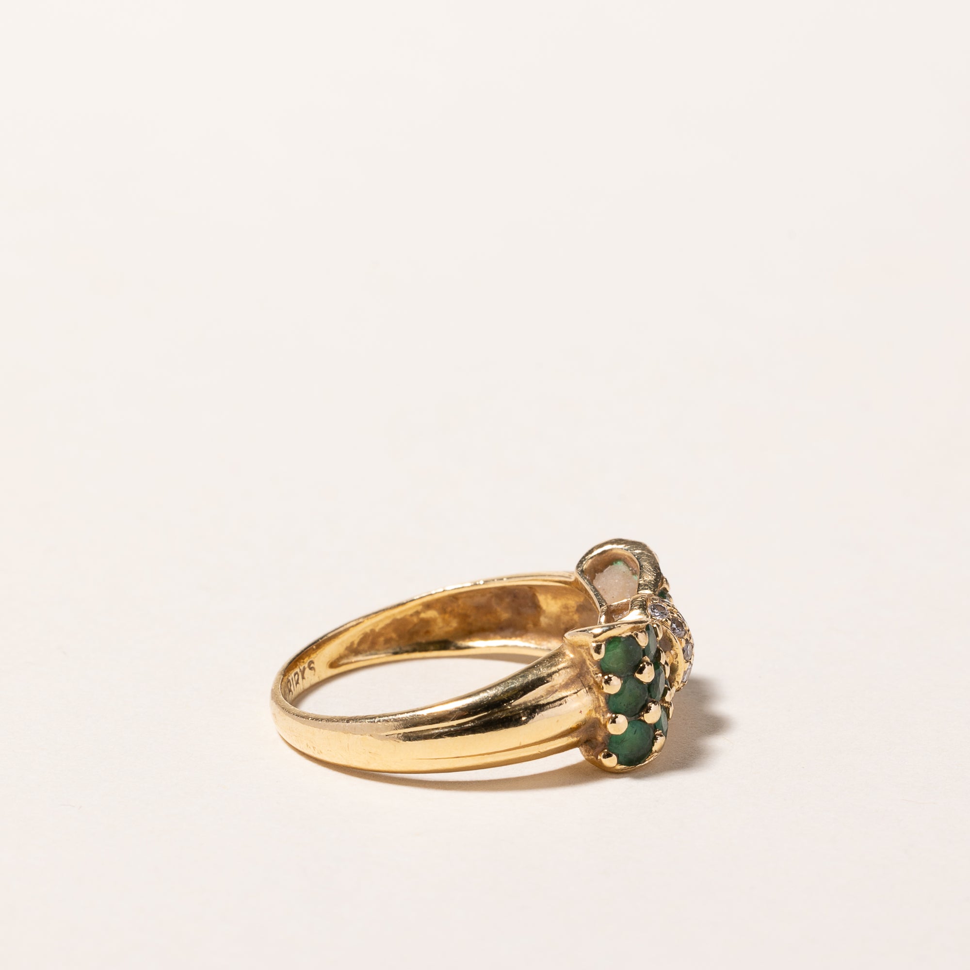 'Birks' Vintage 18k Yellow Gold Emerald & Diamond Bow Design Ring | 0.48ctw, 0.10ctw | SZ 6.25