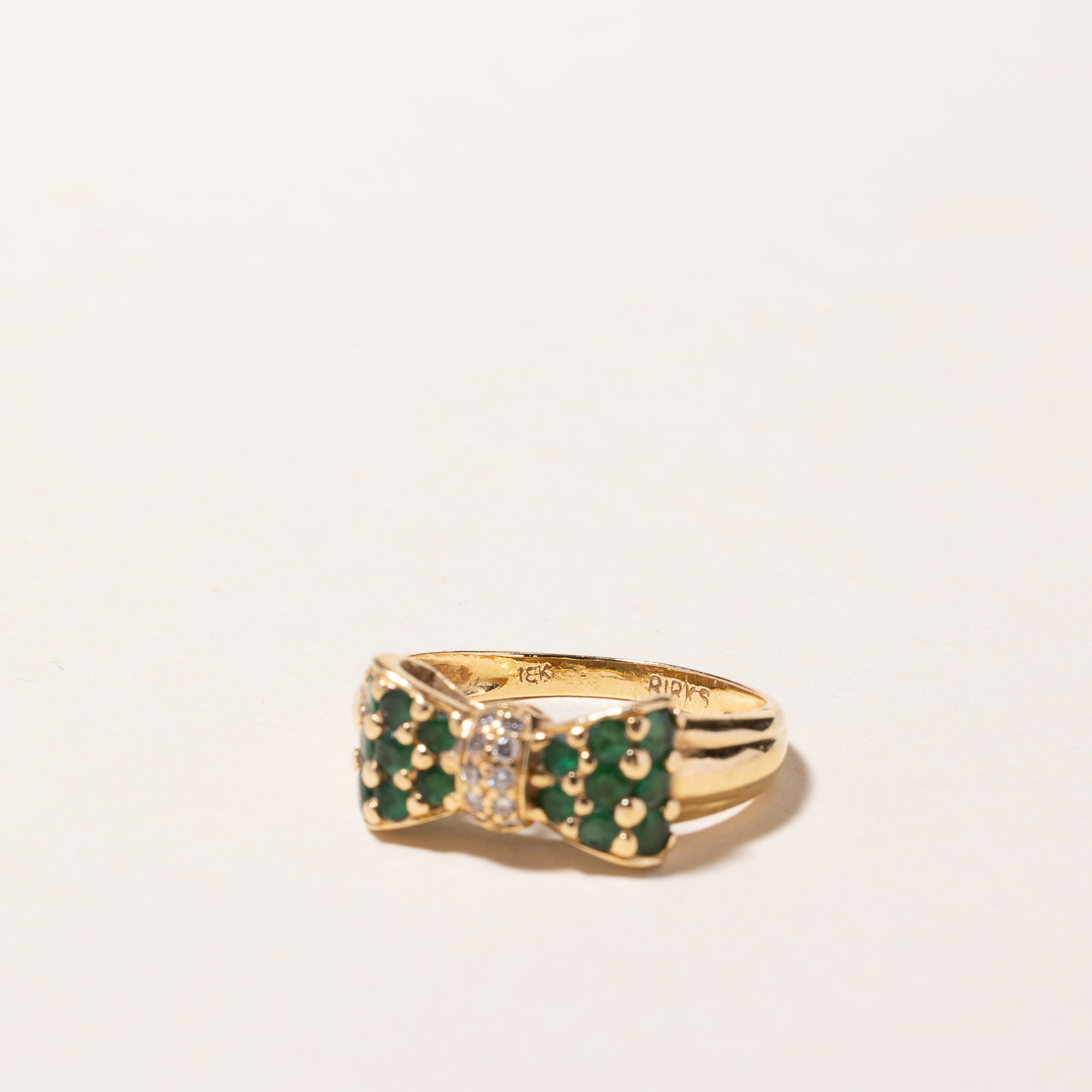 'Birks' Vintage 18k Yellow Gold Emerald & Diamond Bow Design Ring | 0.48ctw, 0.10ctw | SZ 6.25