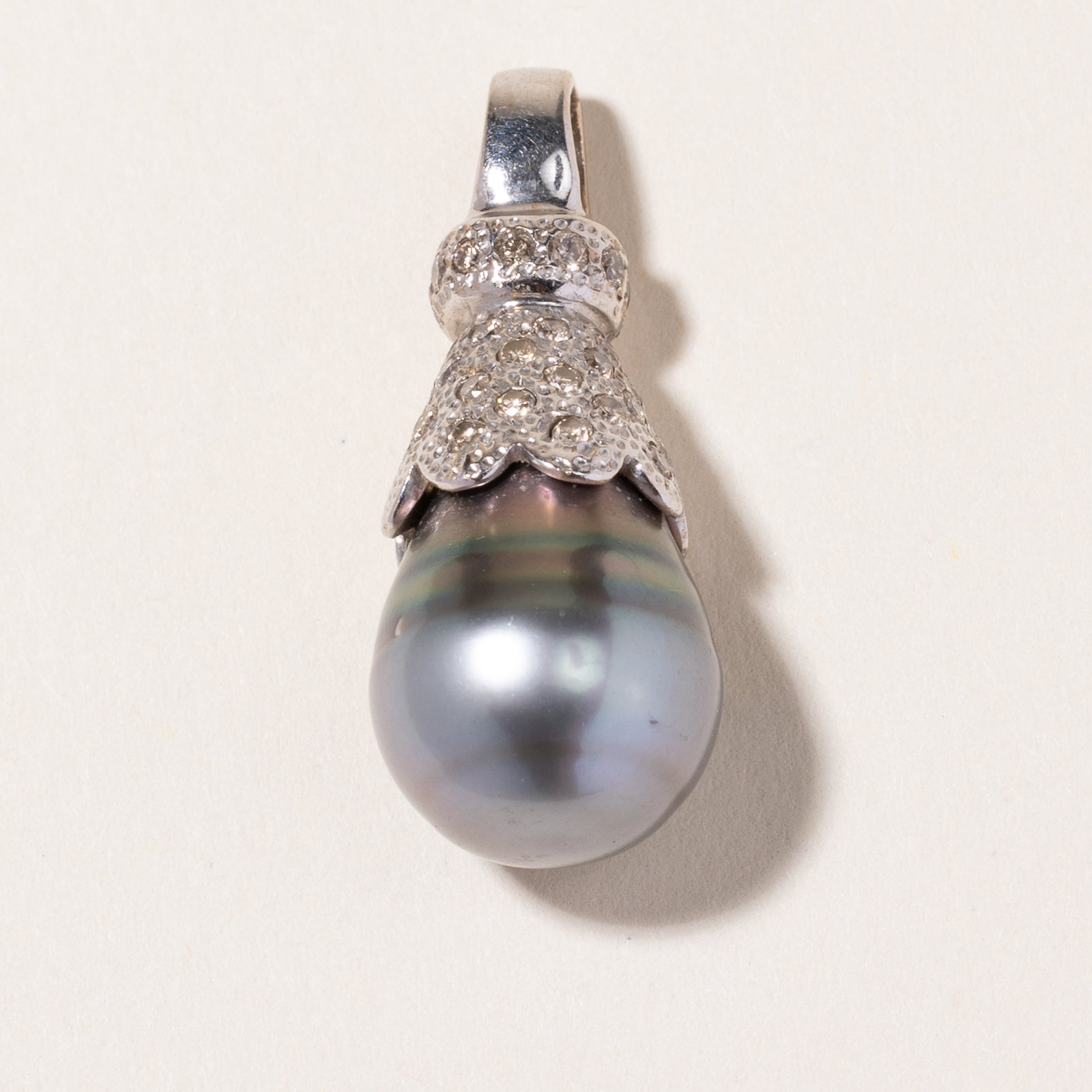 18k White Gold Black South Sea Pearl & Diamond Pendant | 12.80-16.00mm, 0.52ctw |
