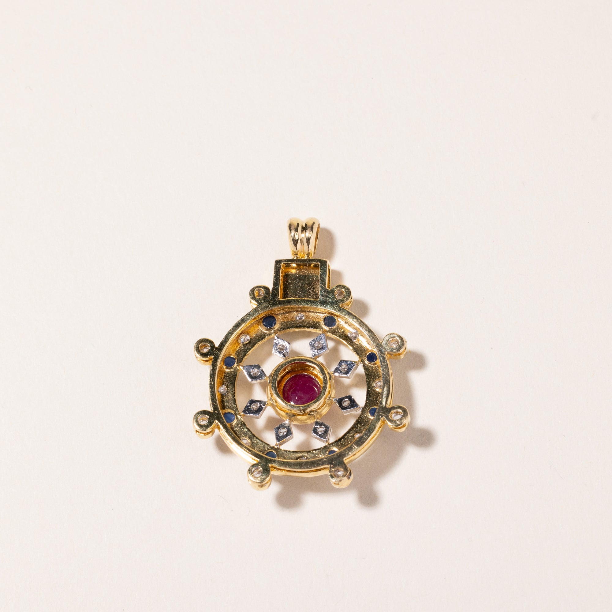 18k Yellow Gold Jade, Ruby & Sapphire Pendant | 6.80x5.20x0.80mm, 1.42ct, 1.21ctw, 0.50ctw |