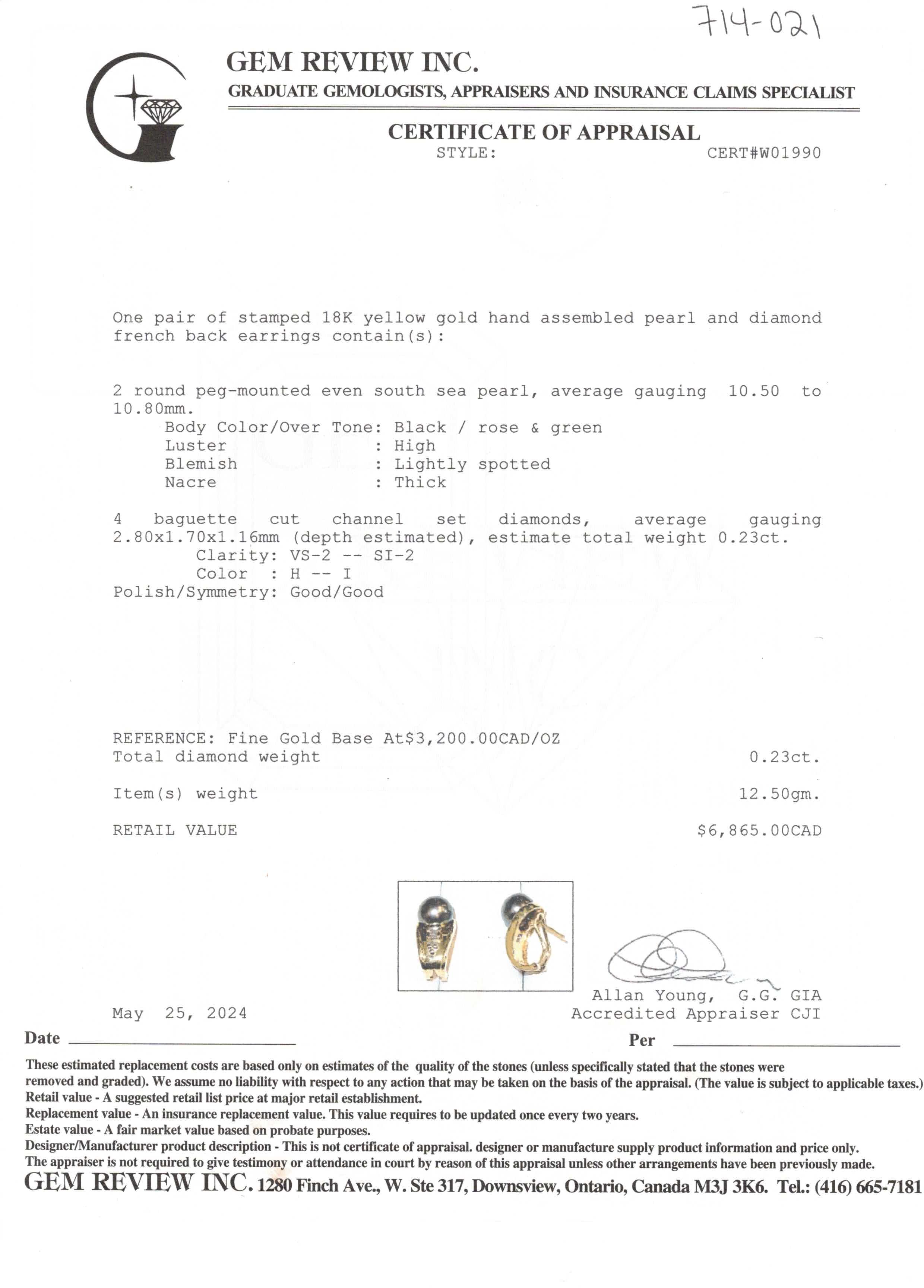 18K Yellow Gold Black South Sea Pearl & Diamond Earrings | 10.50-10.80mm, 0.23ctw