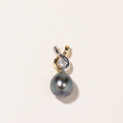 18K Two Tone Gold Black South Sea Pearl & Diamond Pendant | 13.00x11.50x11.60mm, 0.20ct