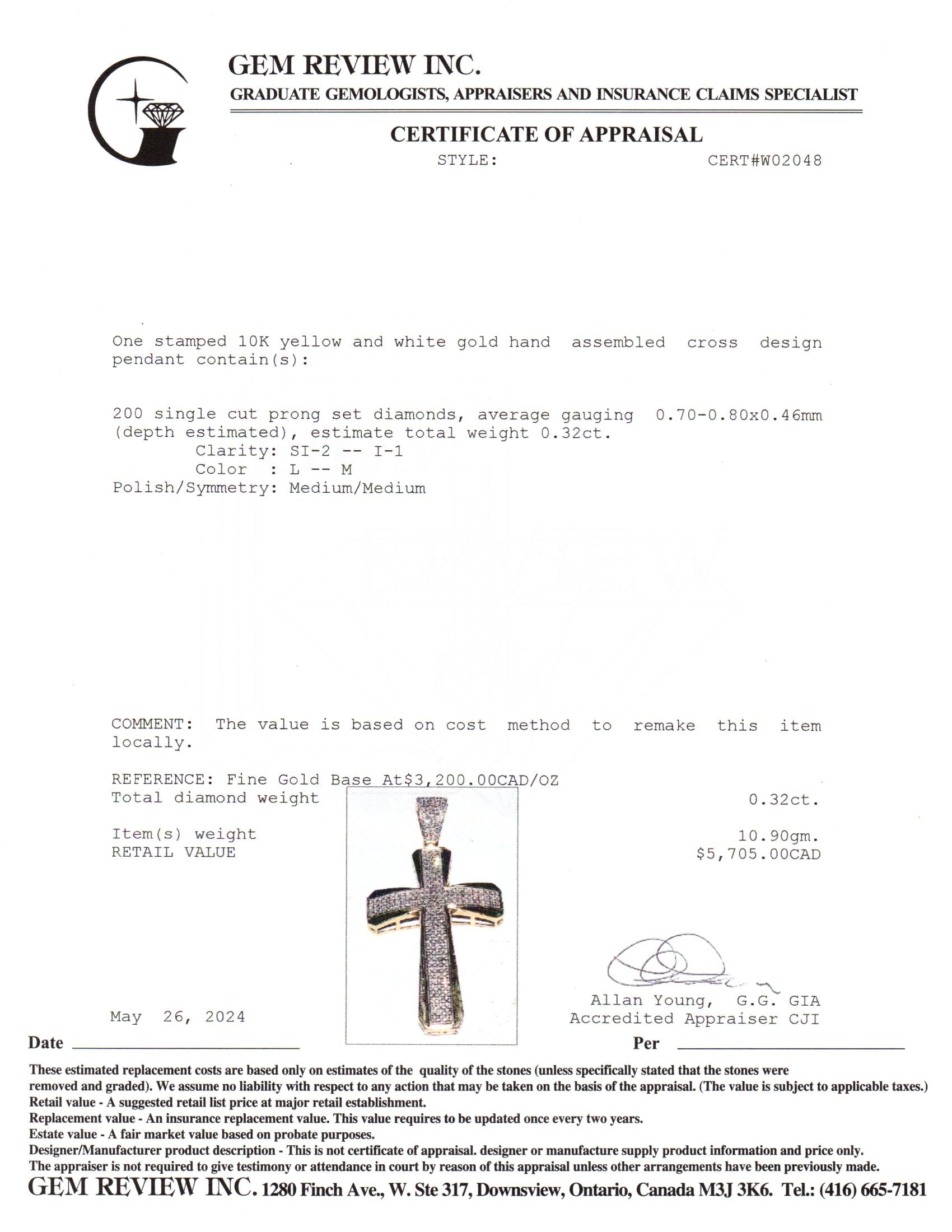 Pendentif croix en or bicolore 10 carats et diamants | 0,32 ct au total | 