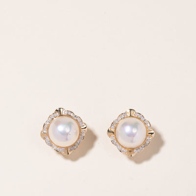 14K Yellow Gold Pearl & Diamond Earrings | 14.00-14.50mm, 0.48ctw