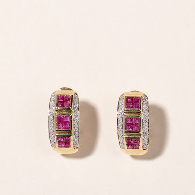 18K Yellow Gold Ruby & Diamond Earrings | 1.50ctw, 0.32ctw