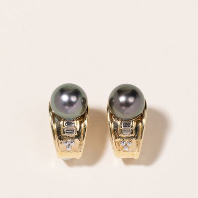 18K Yellow Gold Black South Sea Pearl & Diamond Earrings | 10.50-10.80mm, 0.23ctw