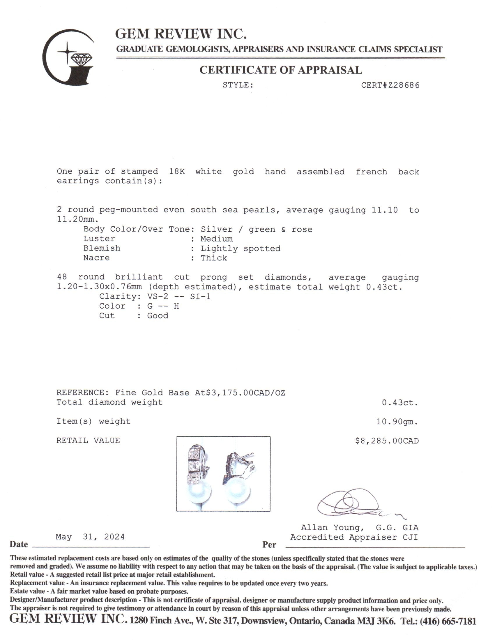 18k White Gold Pearl & Diamond Earring | 11.10-11.20mm, 0.43ctw