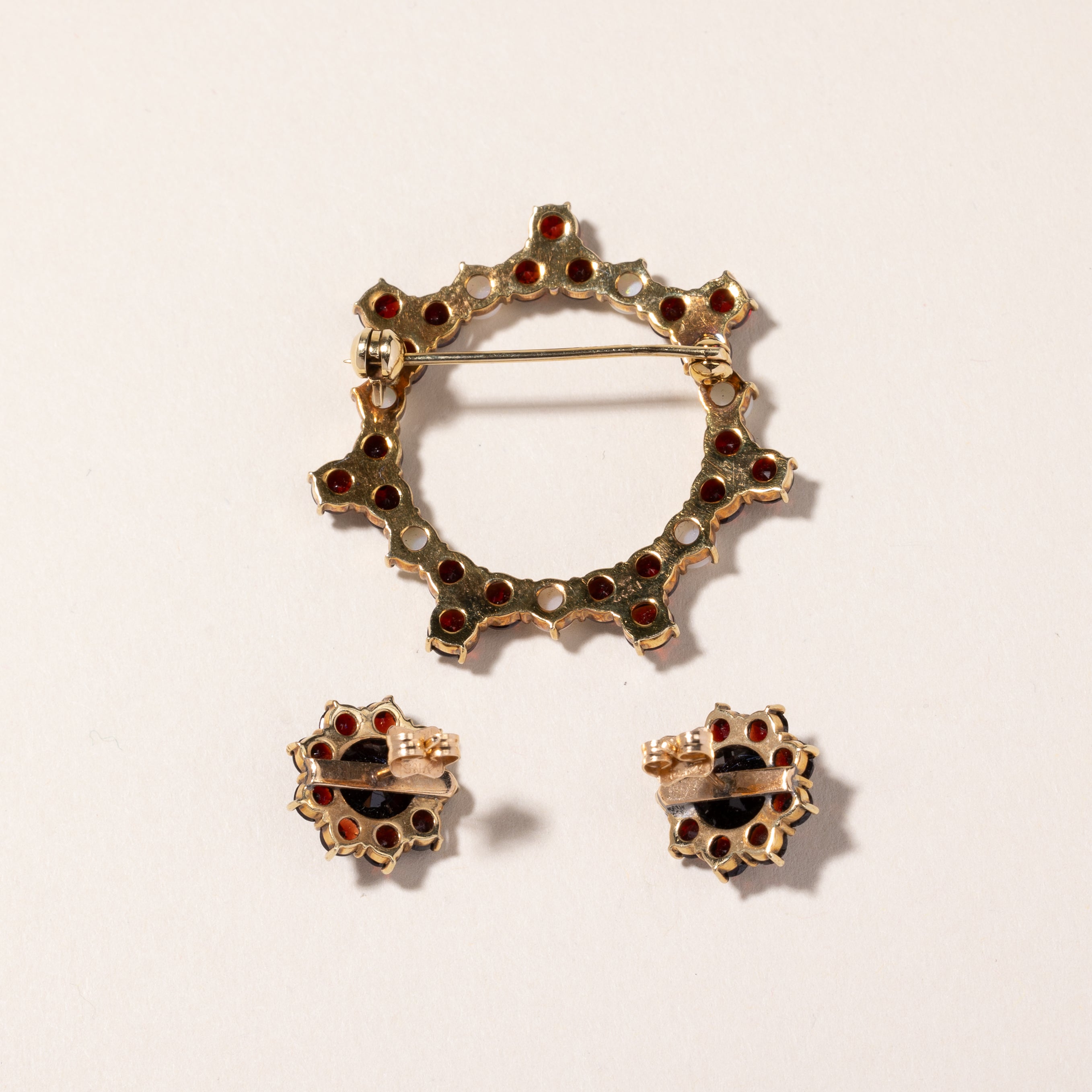 Birks' 14k Yellow Gold Garnet & Opal Brooch & Earring Set | 11.01ctw, 1.19ctw