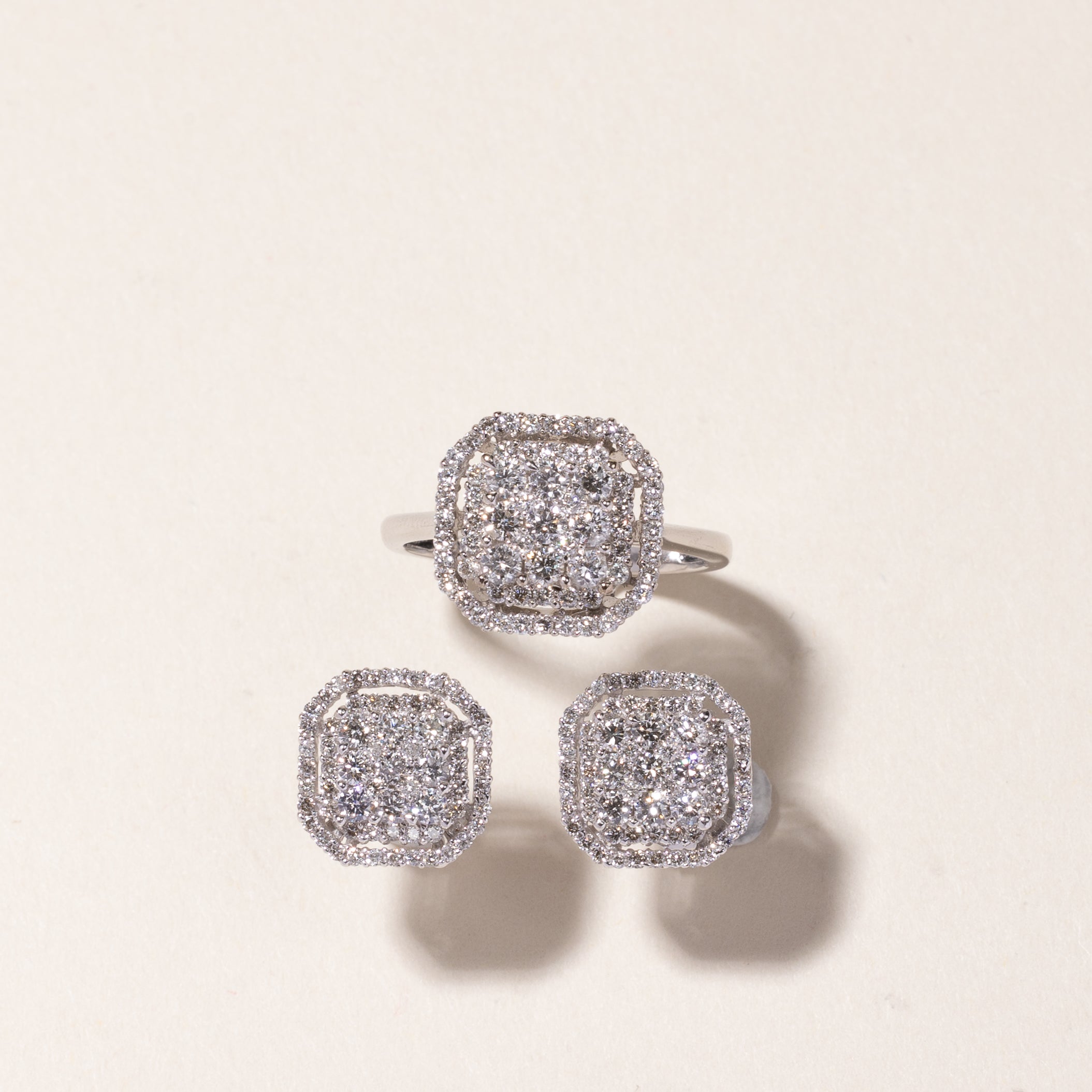18k White Gold Diamond Ring & Earring Set | 3.91ctw | Sz 6.5