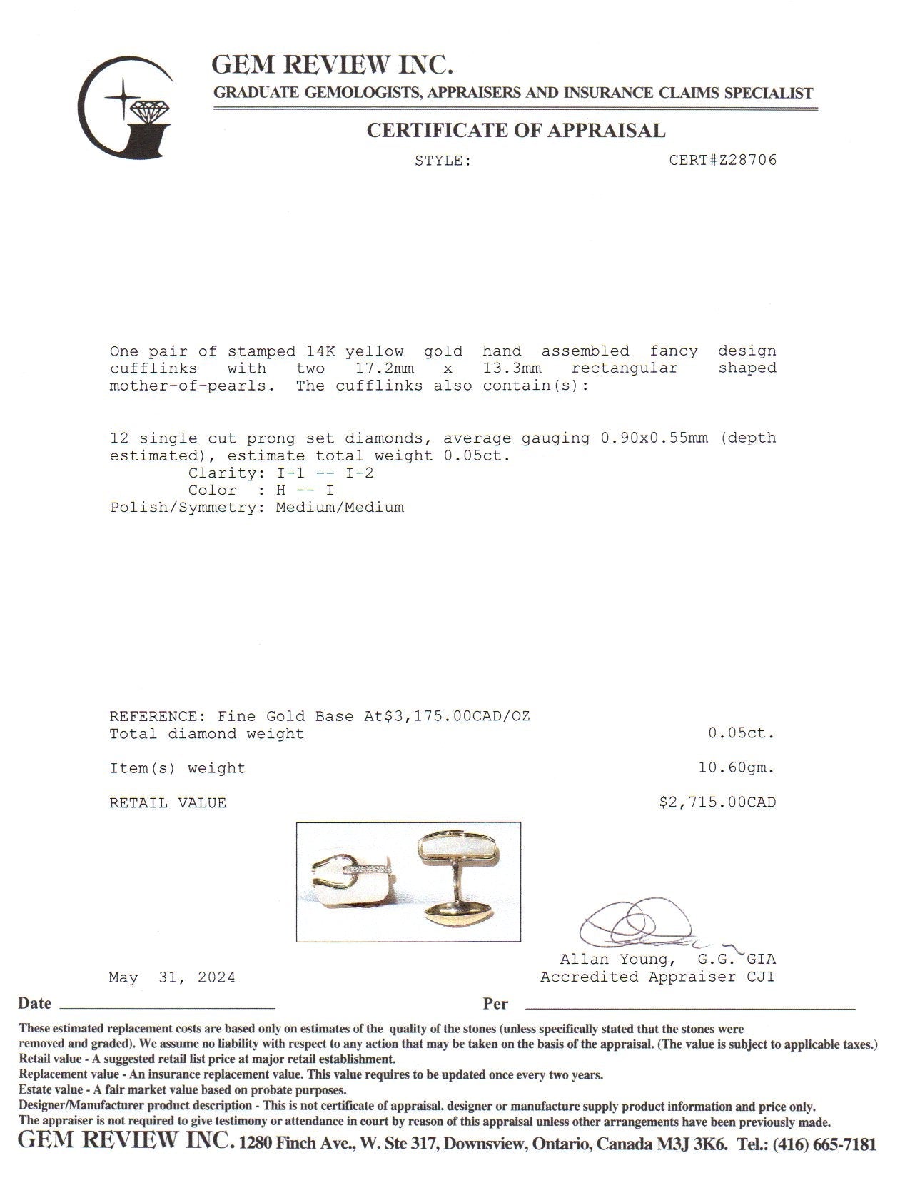 14k Yellow Gold Diamond & Pearl Cufflinks | 0.05ctw, 17.2x13.3mm |