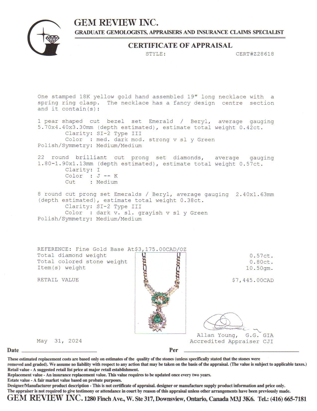 18k Yellow Gold Emerald & Diamond Necklace | 0.80ctw, 0.57ctw | 19"