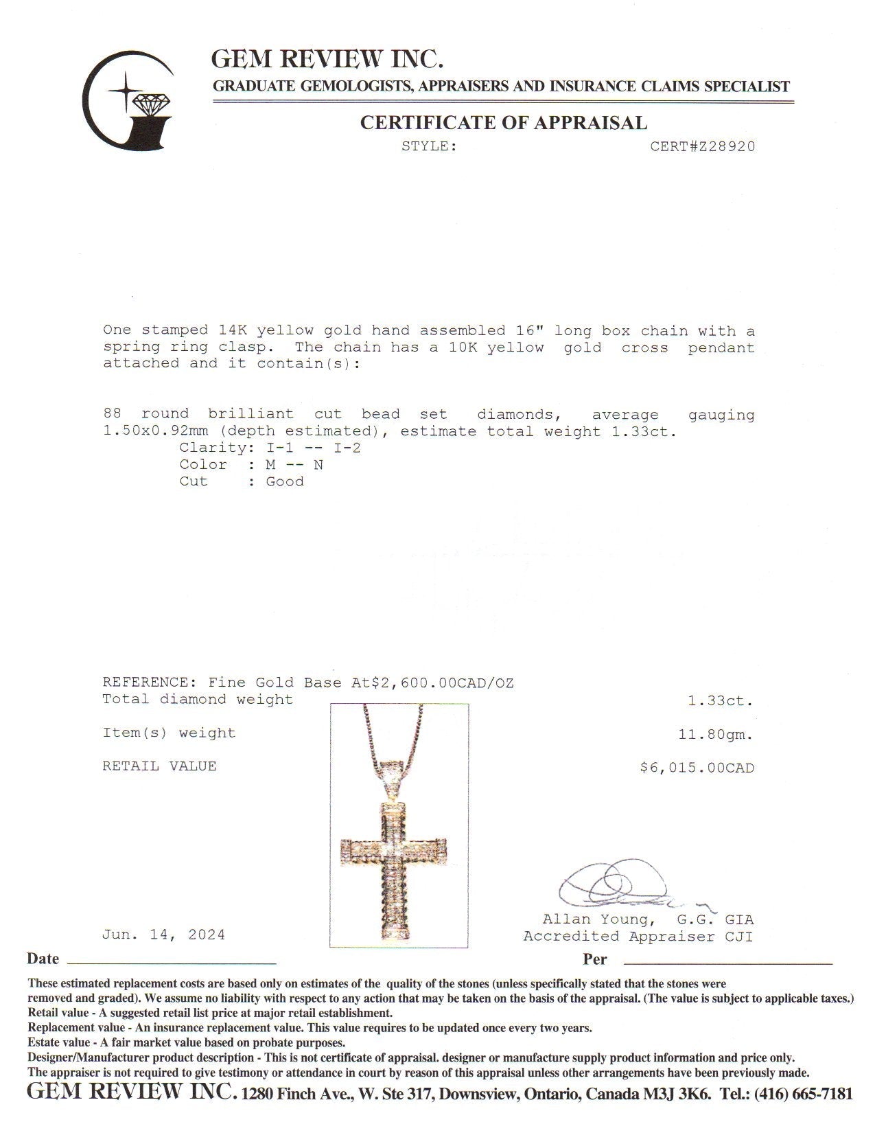 14k Yellow Gold Diamond Cross Necklace | 1.33ctw | 16"