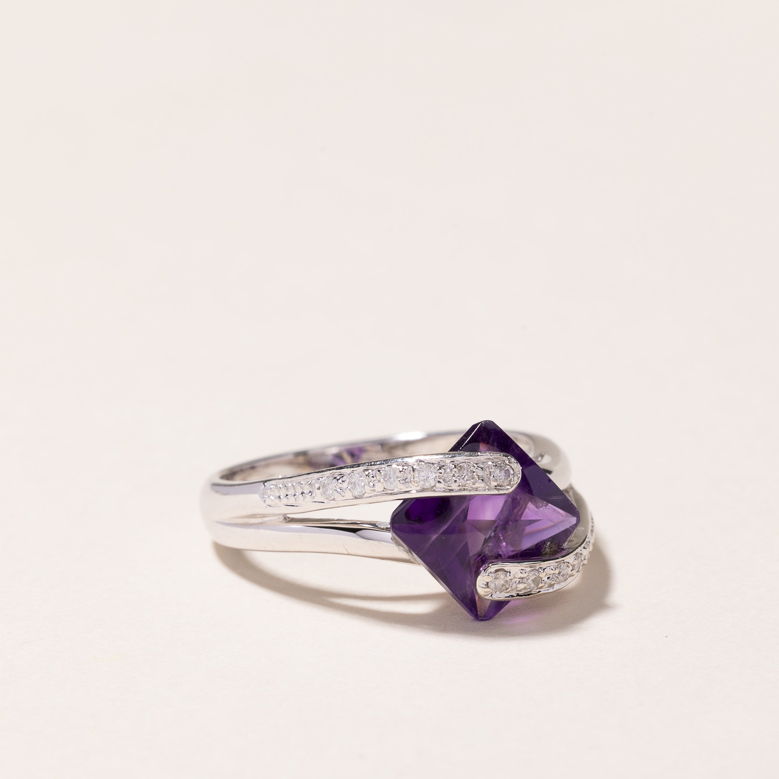 14k White Gold Amethyst & Diamond Earring & Ring Set | 6.00ctw, 0.29ctw | SZ 7