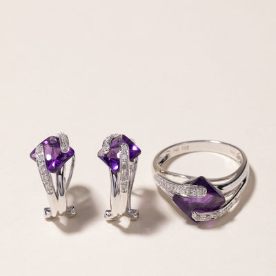 14k White Gold Amethyst & Diamond Earring & Ring Set | 6.00ctw, 0.29ctw | SZ 7