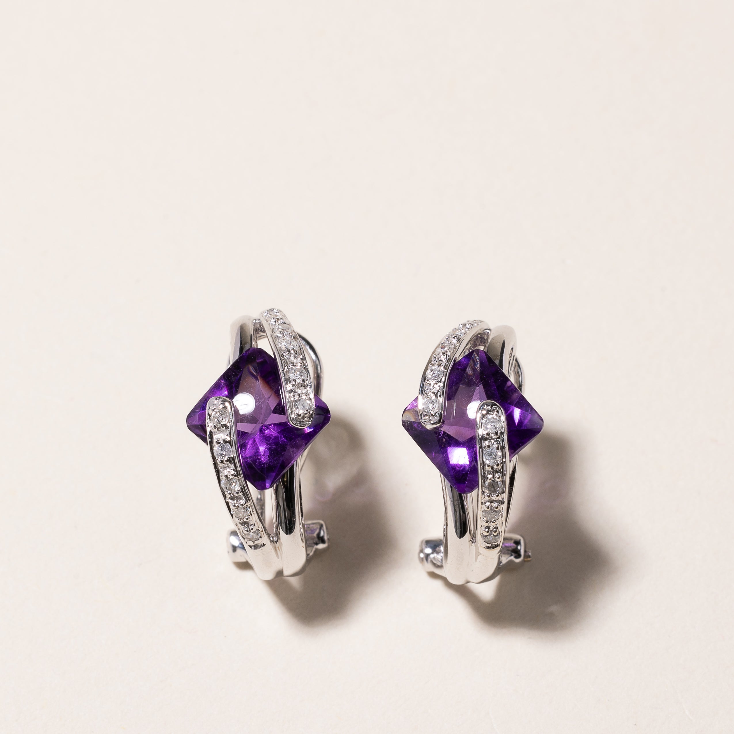 14k White Gold Amethyst & Diamond Earring & Ring Set | 6.00ctw, 0.29ctw | SZ 7