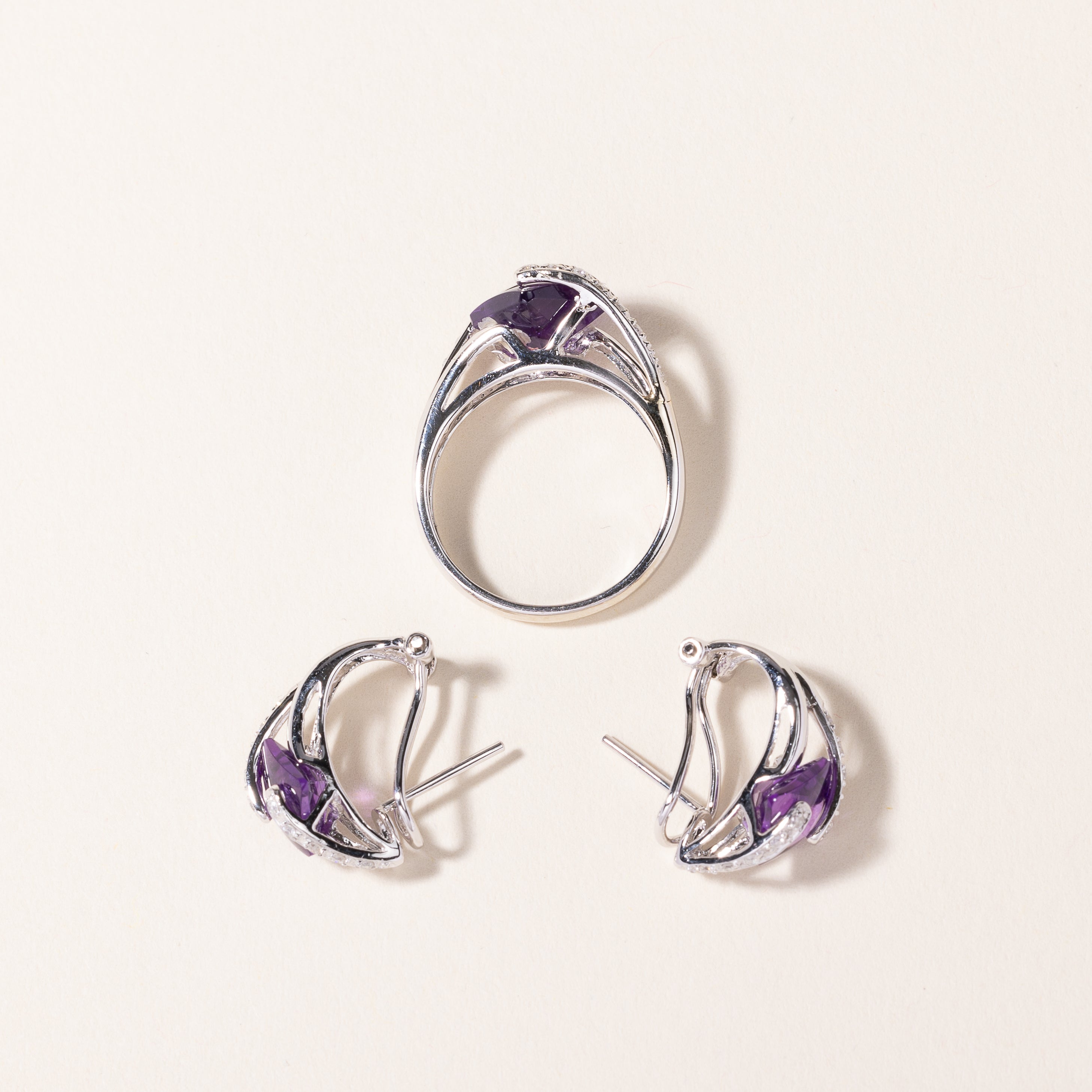 14k White Gold Amethyst & Diamond Earring & Ring Set | 6.00ctw, 0.29ctw | SZ 7