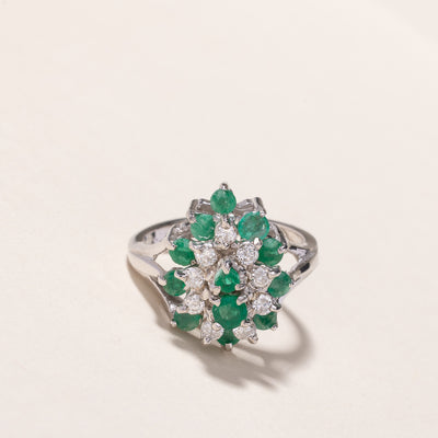 14k White Gold Emerald & Diamond Cluster Ring | 0.49ctw, 0.26ctw | SZ 5.75