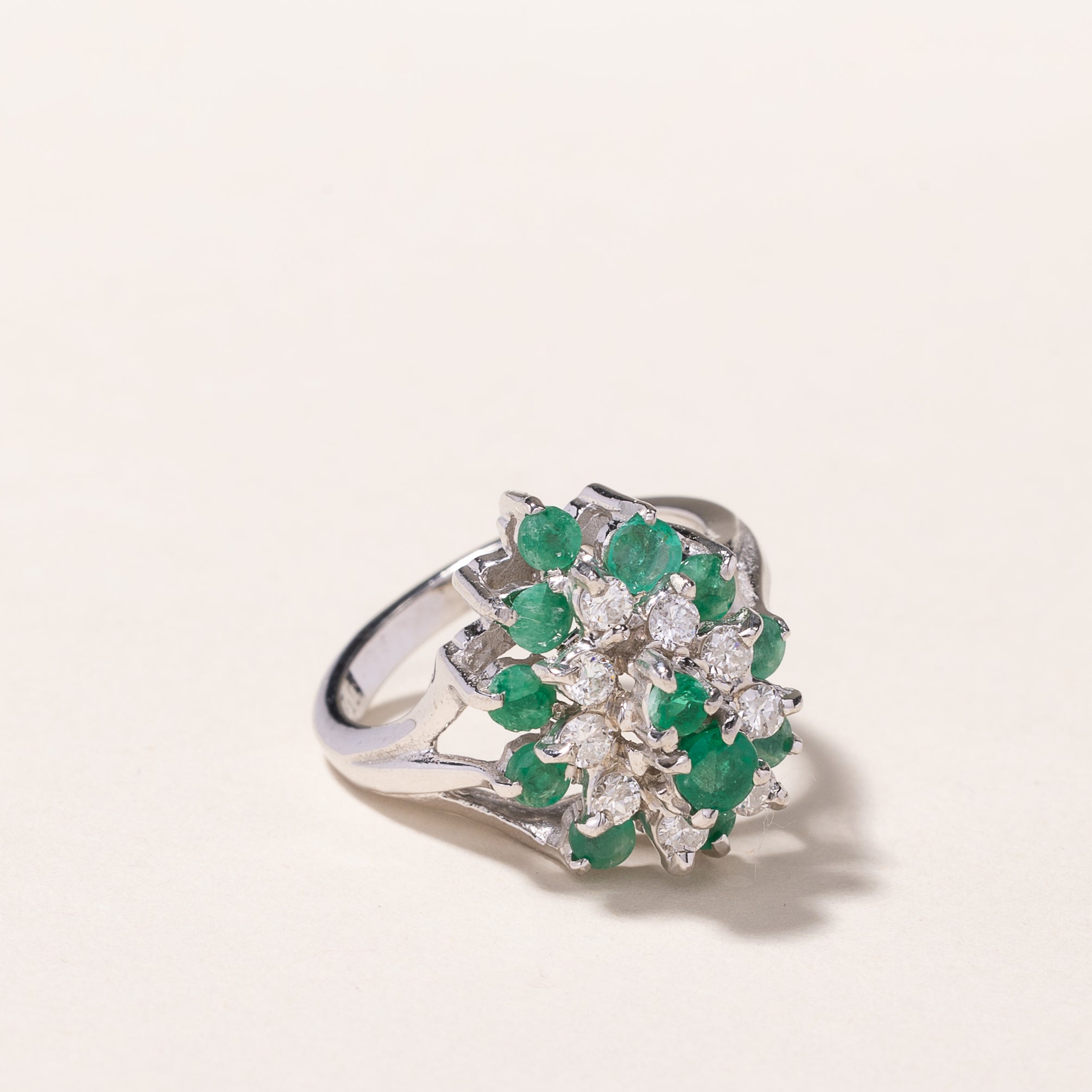 14k White Gold Emerald & Diamond Cluster Ring | 0.49ctw, 0.26ctw | SZ 5.75