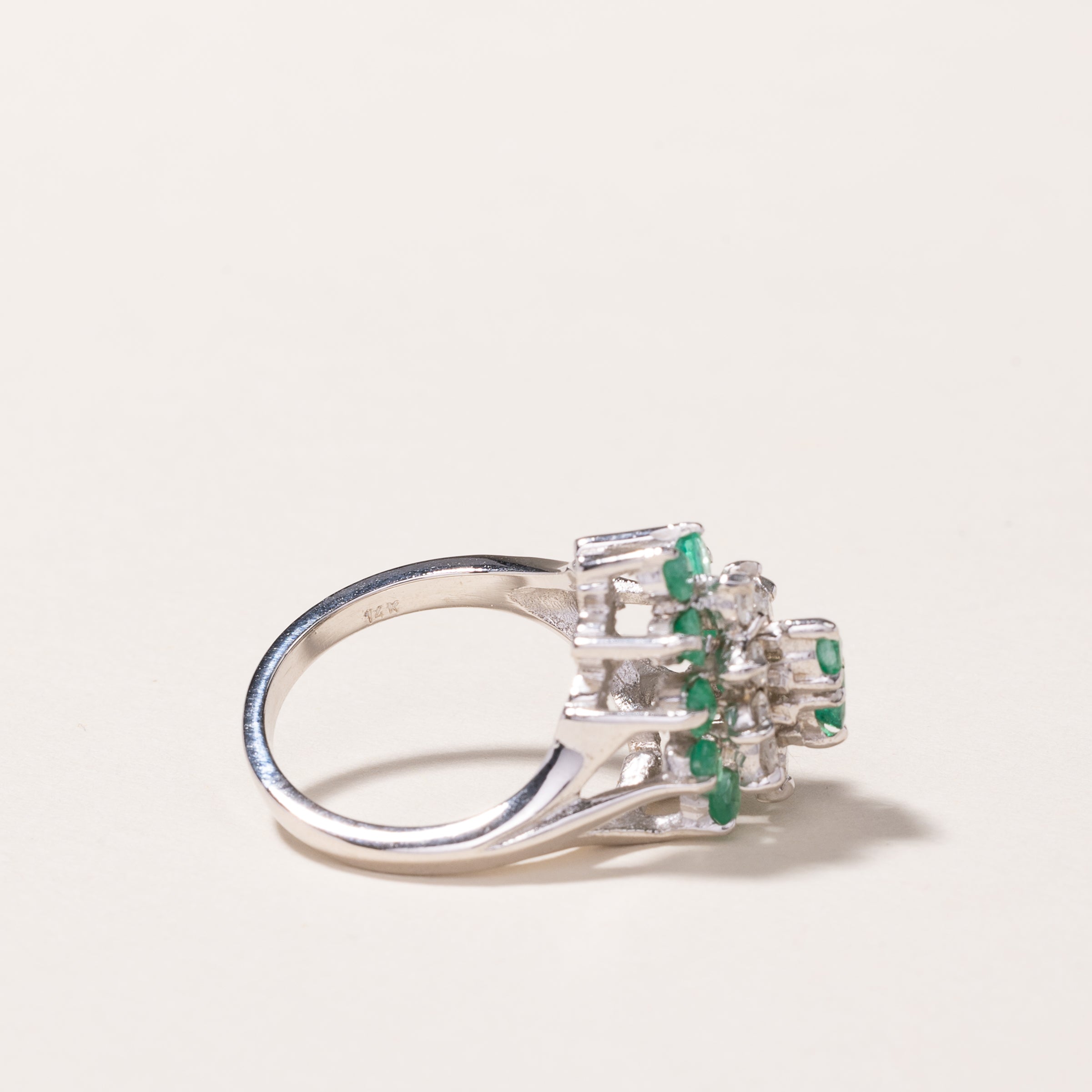 14k White Gold Emerald & Diamond Cluster Ring | 0.49ctw, 0.26ctw | SZ 5.75