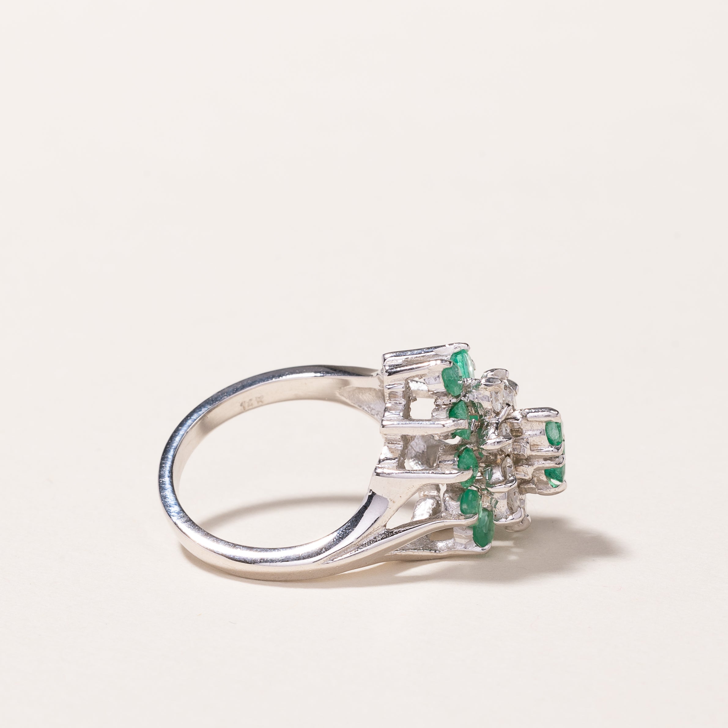 14k White Gold Emerald & Diamond Cluster Ring | 0.49ctw, 0.26ctw | SZ 5.75