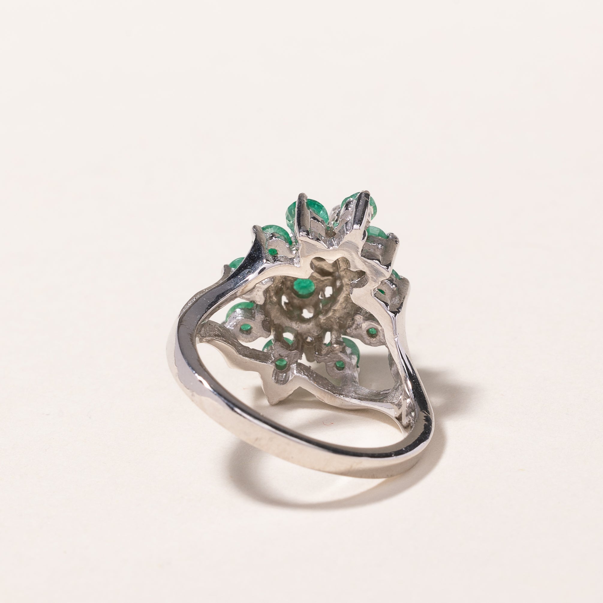 14k White Gold Emerald & Diamond Cluster Ring | 0.49ctw, 0.26ctw | SZ 5.75